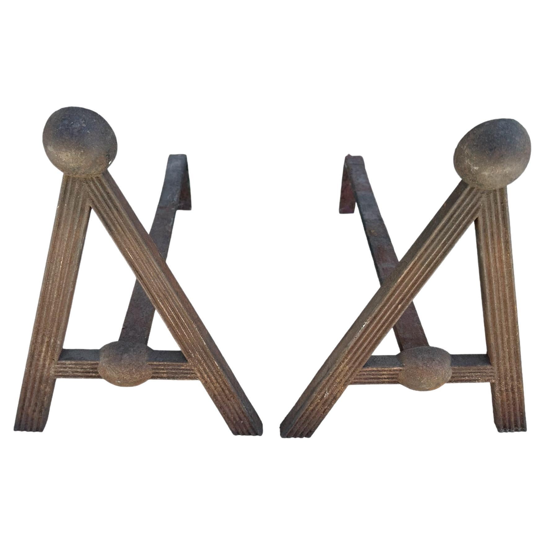 Antique American Rustic Cast Iron Fireplace Andirons with Fantastic Heavy Patina For Sale