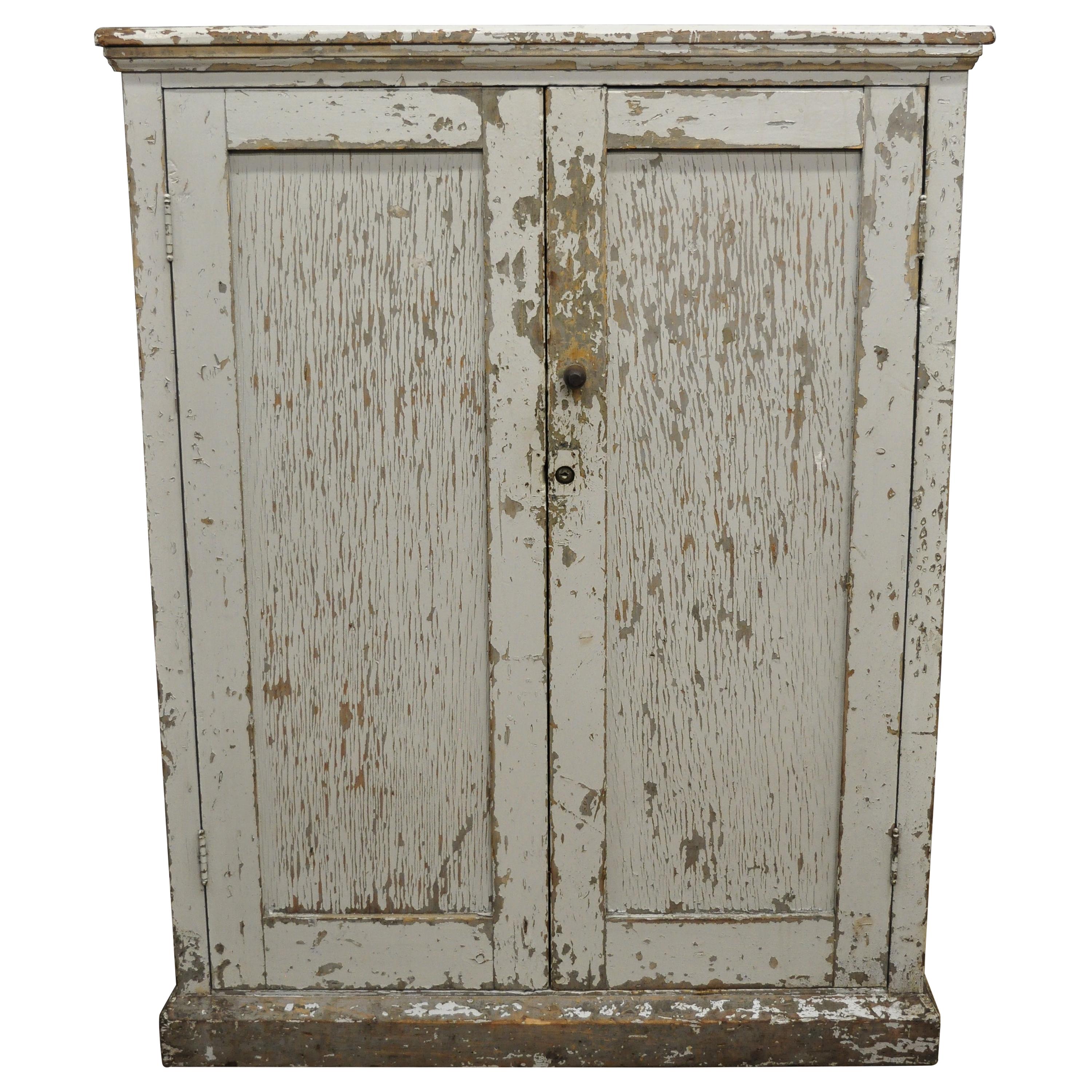 Antique American Rustic Primitive Gray Distress Painted Jelly Cabinet Cupboard