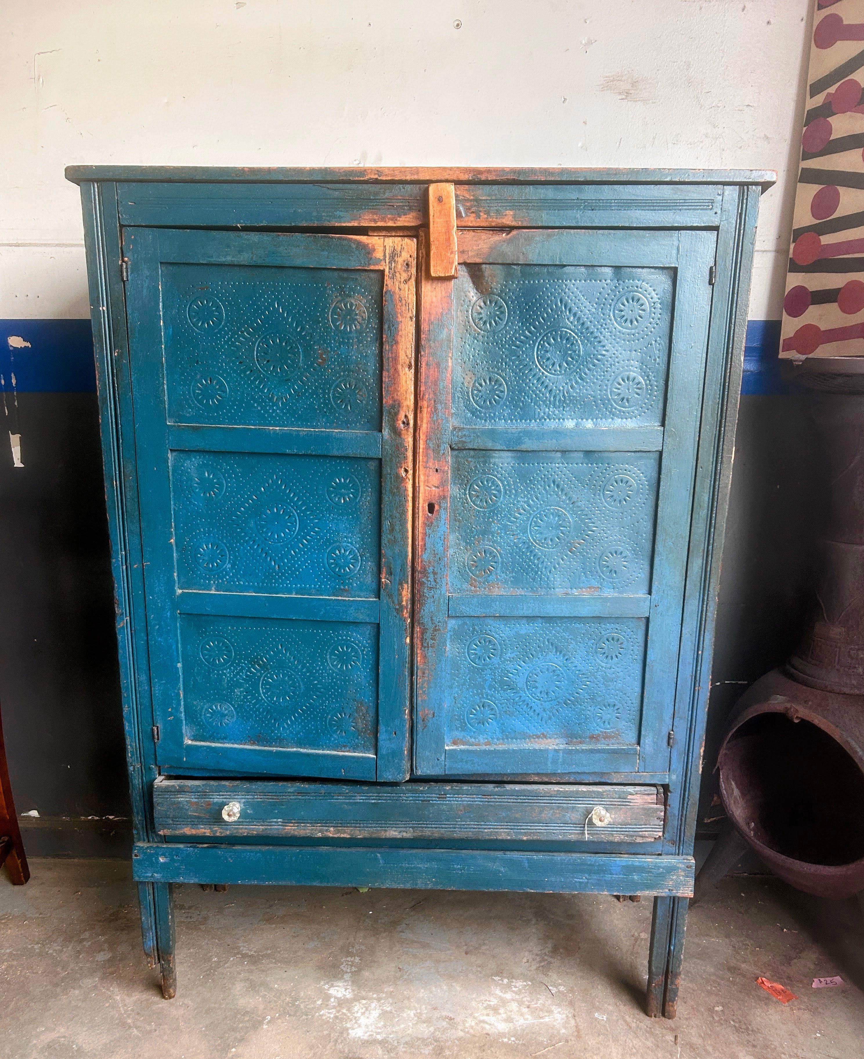 Antique American Rustic Punch Tin Pie Safe With Distressed Blue Paint For Sale 4