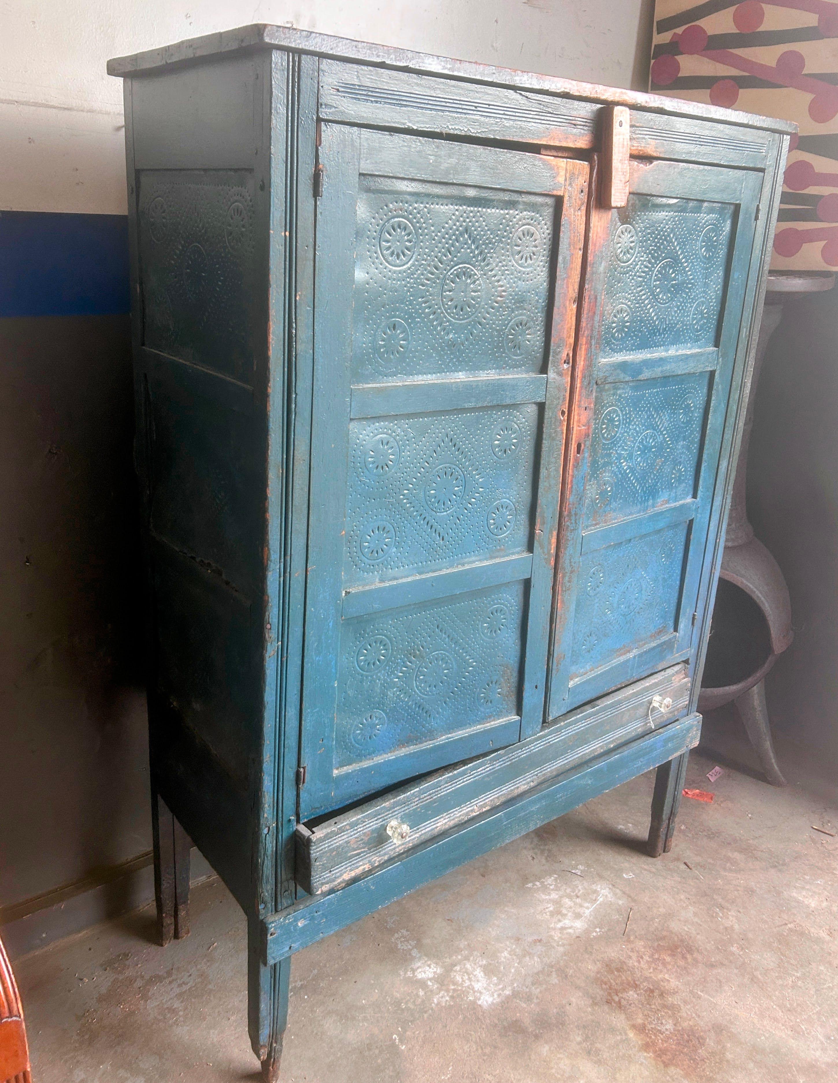Antique American Rustic Punch Tin Pie Safe With Distressed Blue Paint For Sale 5