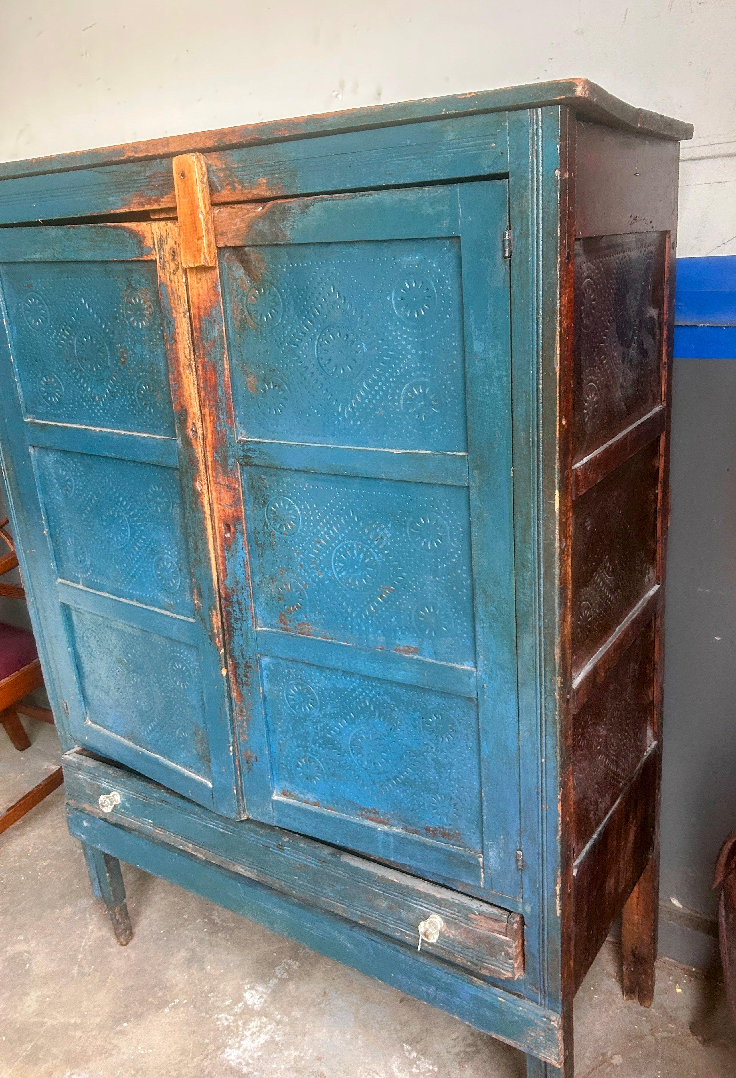 Antique American Rustic Punch Tin Pie Safe With Distressed Blue Paint For Sale 6