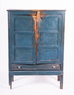 Antique American Rustic Punch Tin Pie Safe With Distressed Blue Paint