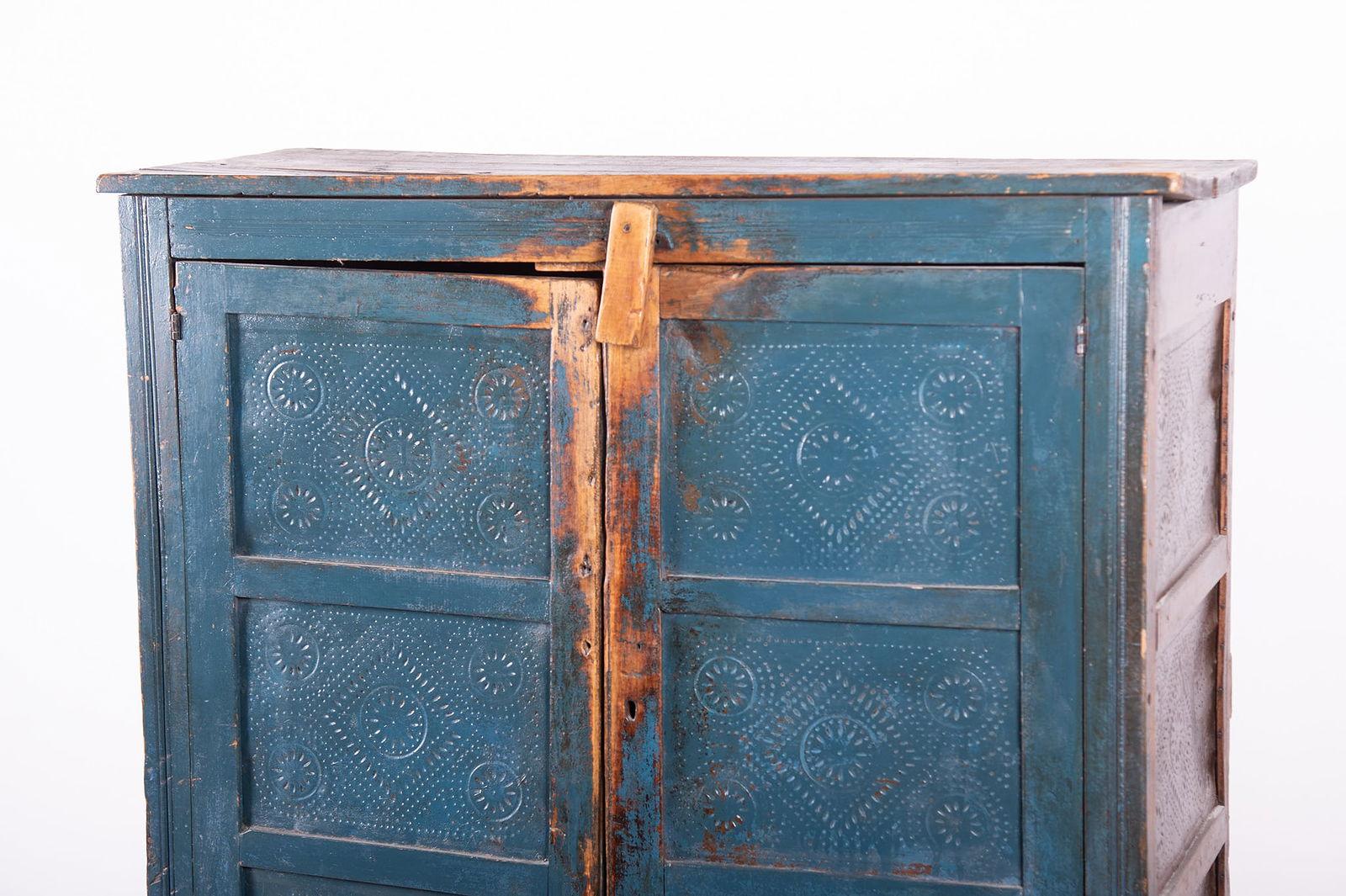 American Colonial Antique American Rustic Punch Tin Pie Safe With Distressed Blue Paint For Sale