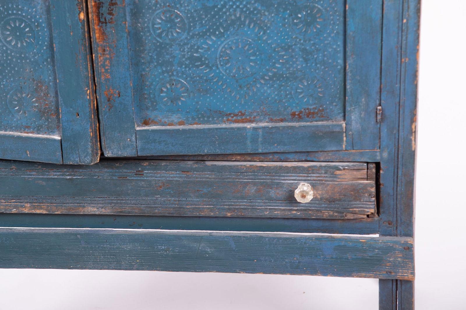 Hand-Crafted Antique American Rustic Punch Tin Pie Safe With Distressed Blue Paint For Sale