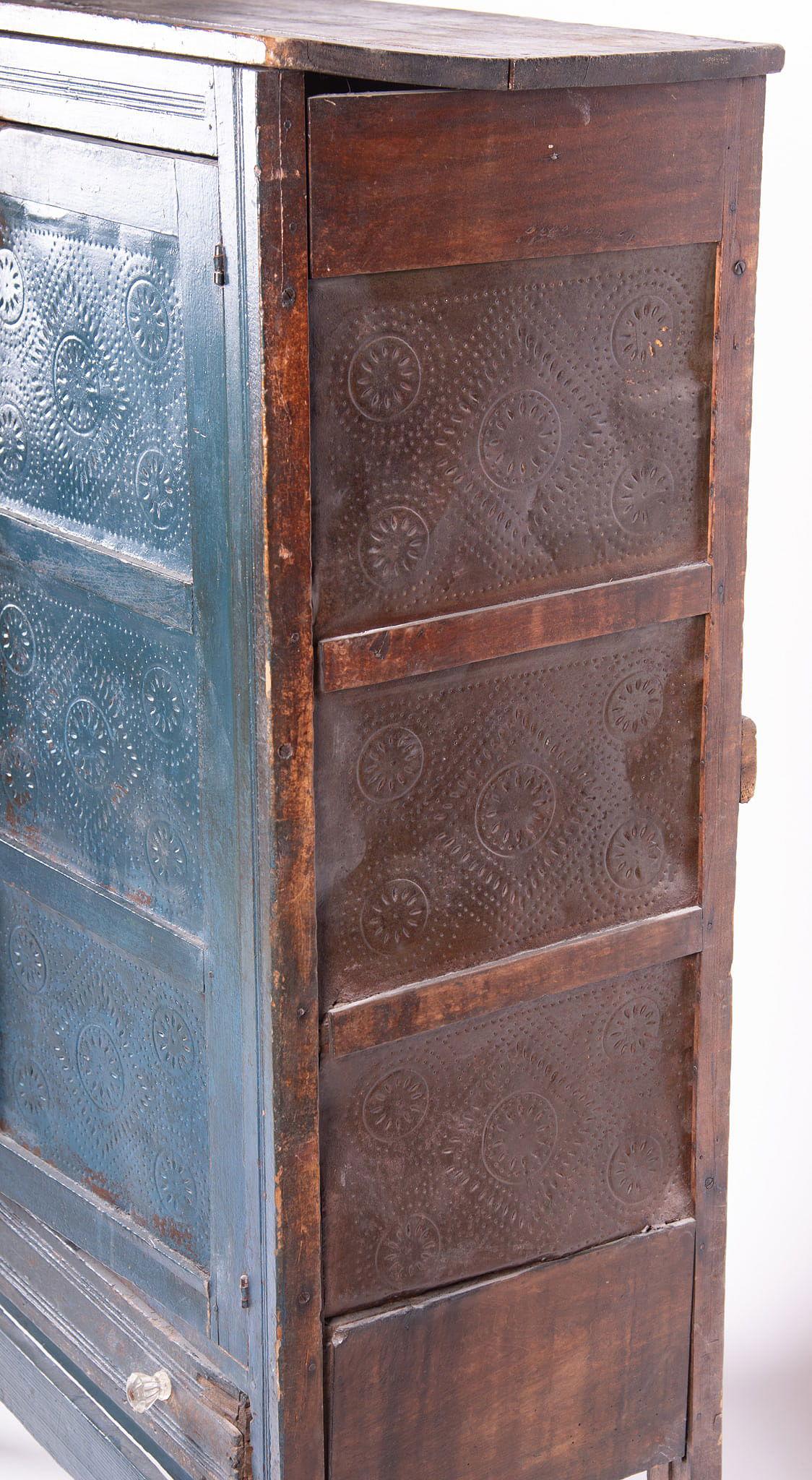 Antique American Rustic Punch Tin Pie Safe With Distressed Blue Paint In Fair Condition For Sale In Sheridan, CO