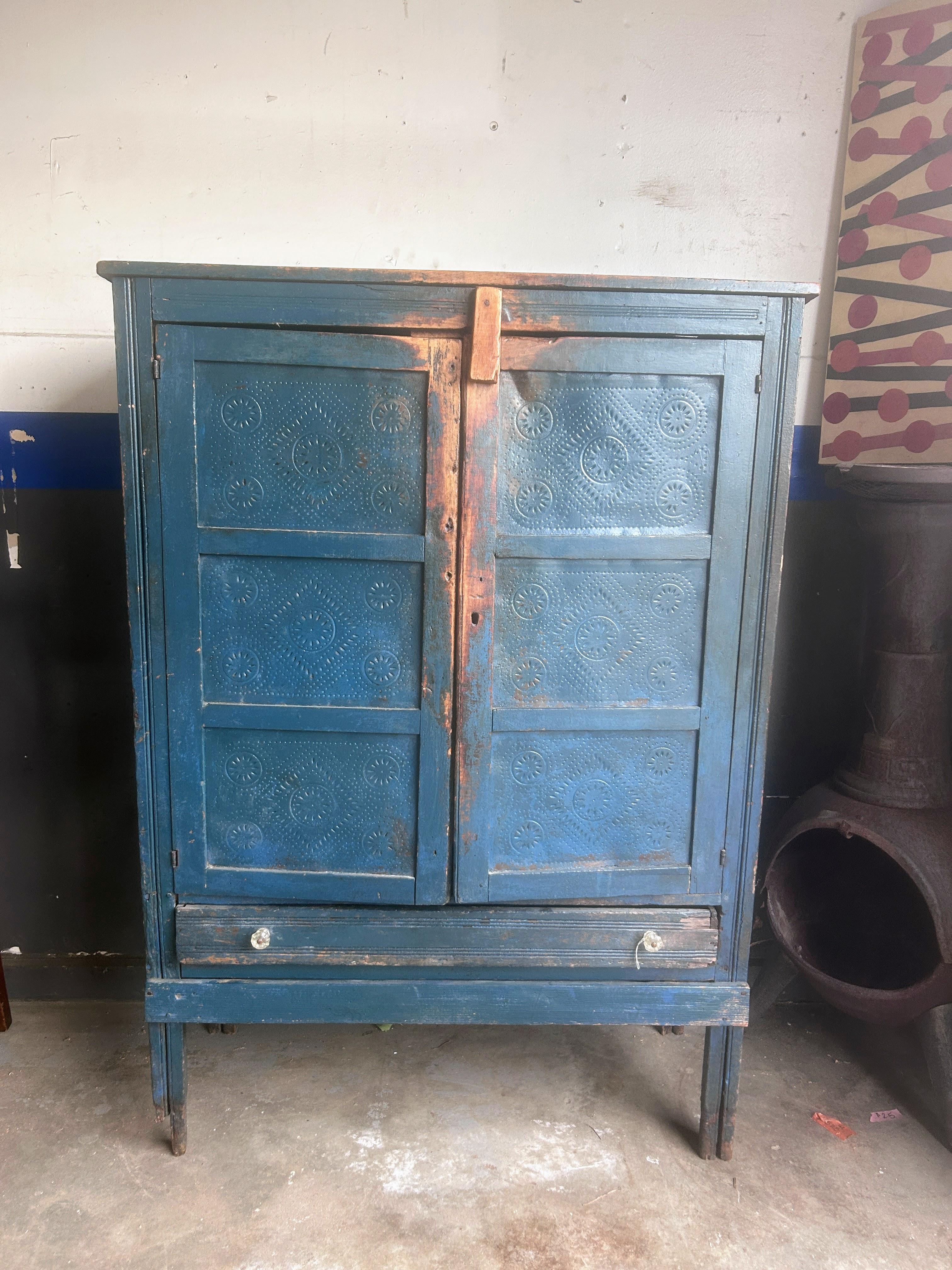 Metal Antique American Rustic Punch Tin Pie Safe With Distressed Blue Paint For Sale