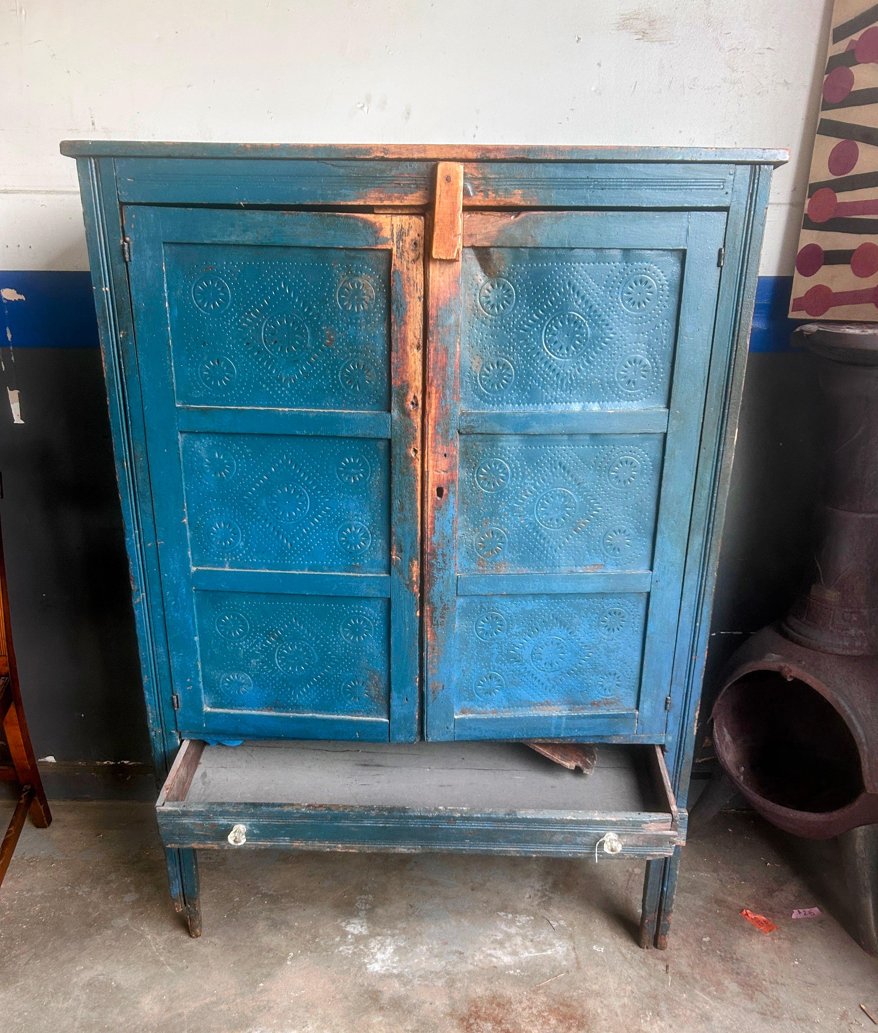 Antique American Rustic Punch Tin Pie Safe With Distressed Blue Paint For Sale 1