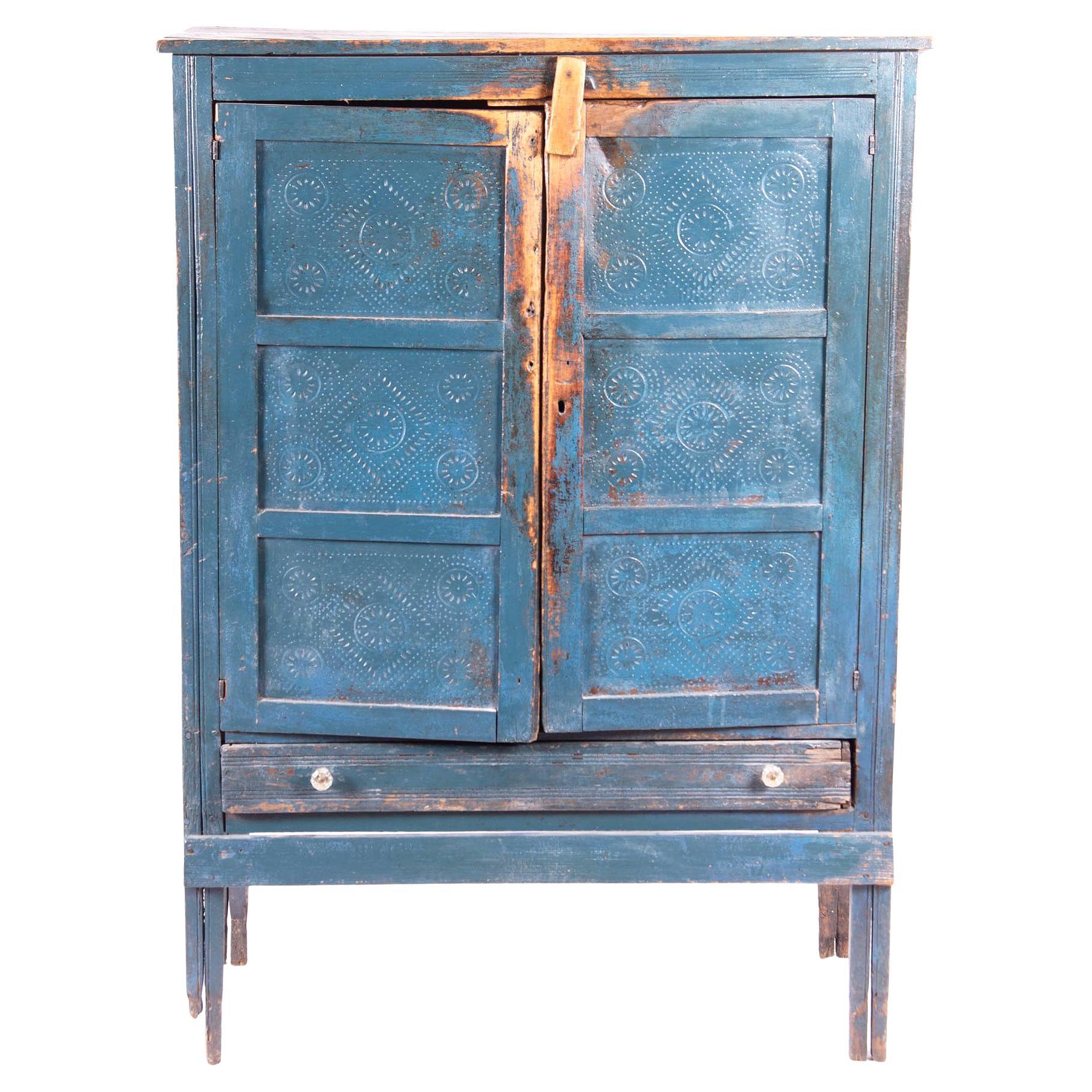 Antique American Rustic Punch Tin Pie Safe With Distressed Blue Paint For Sale