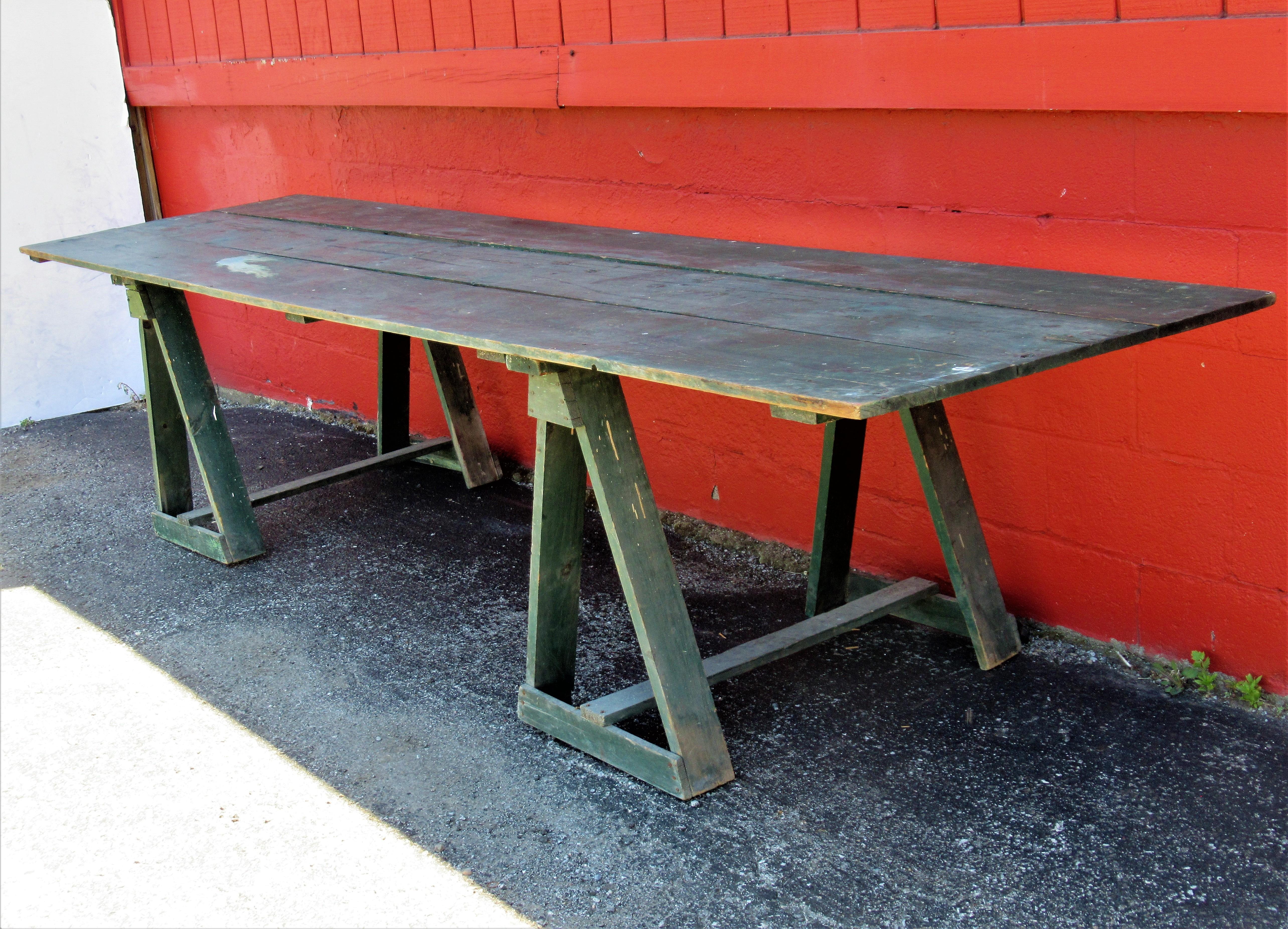 Antique American Sawhorse Base Long Harvest Table 2