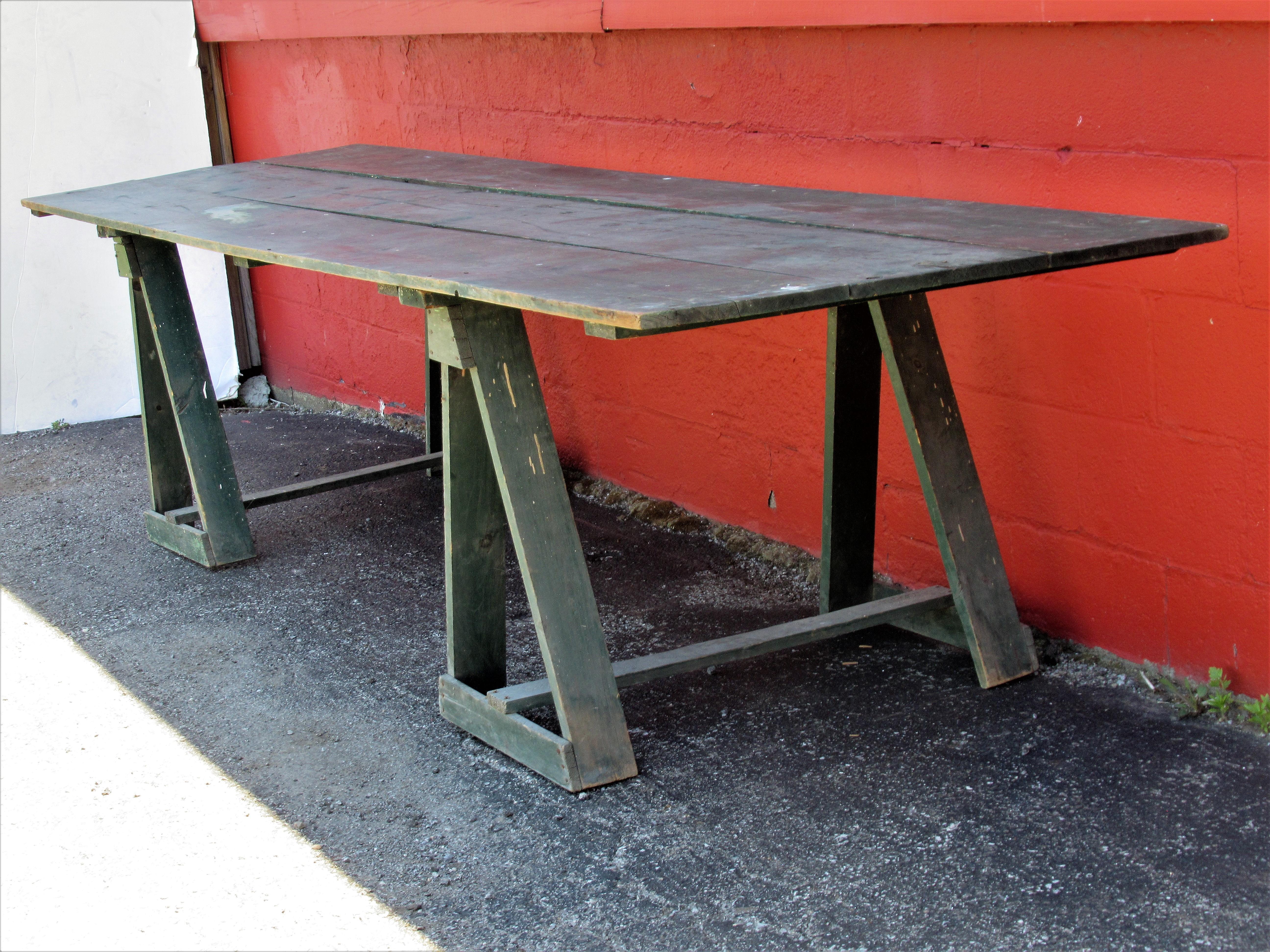 20th Century Antique American Sawhorse Base Long Harvest Table