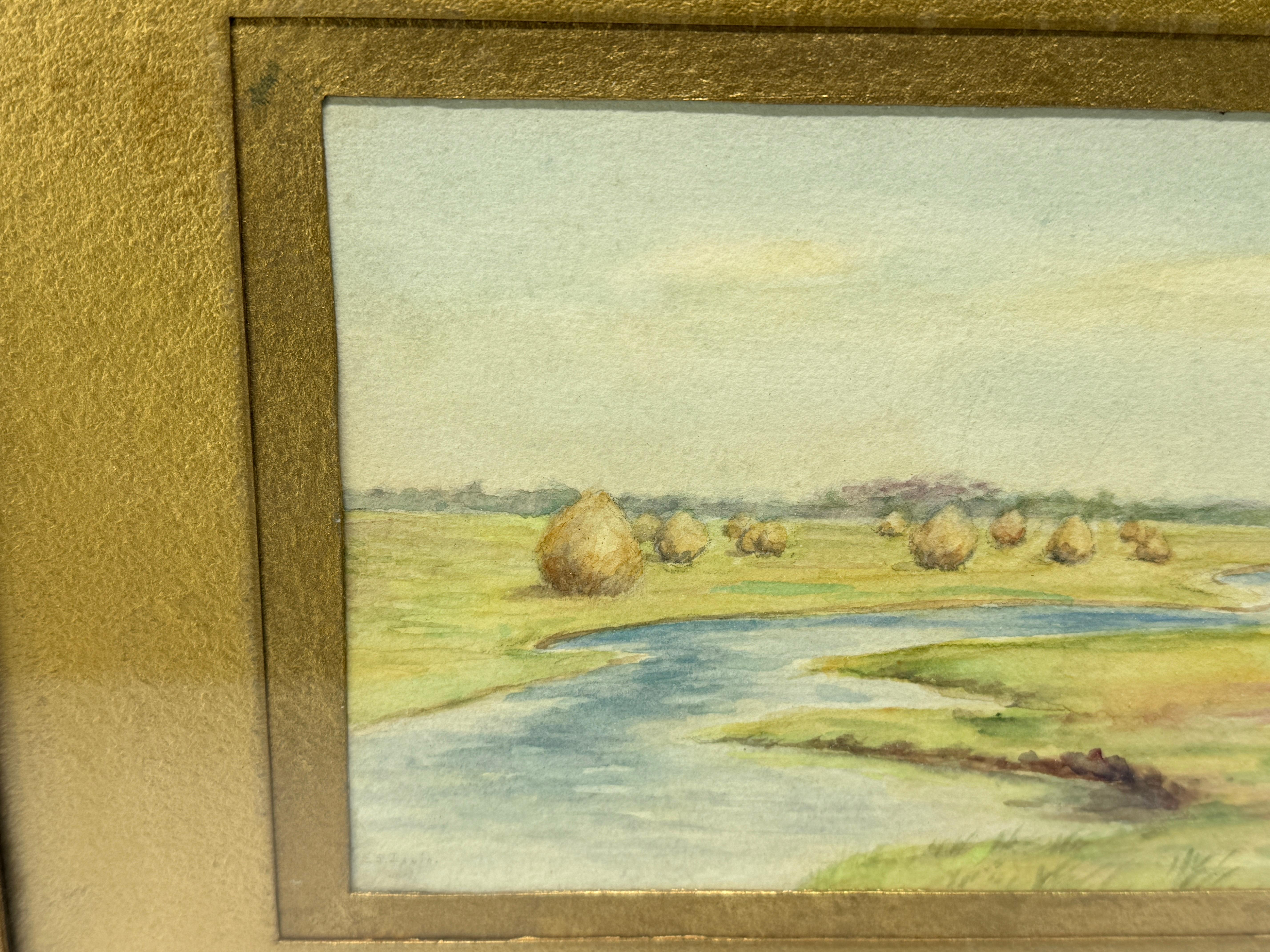 American Classical Antique American School Hayfield by the River Watercolor - Signed For Sale