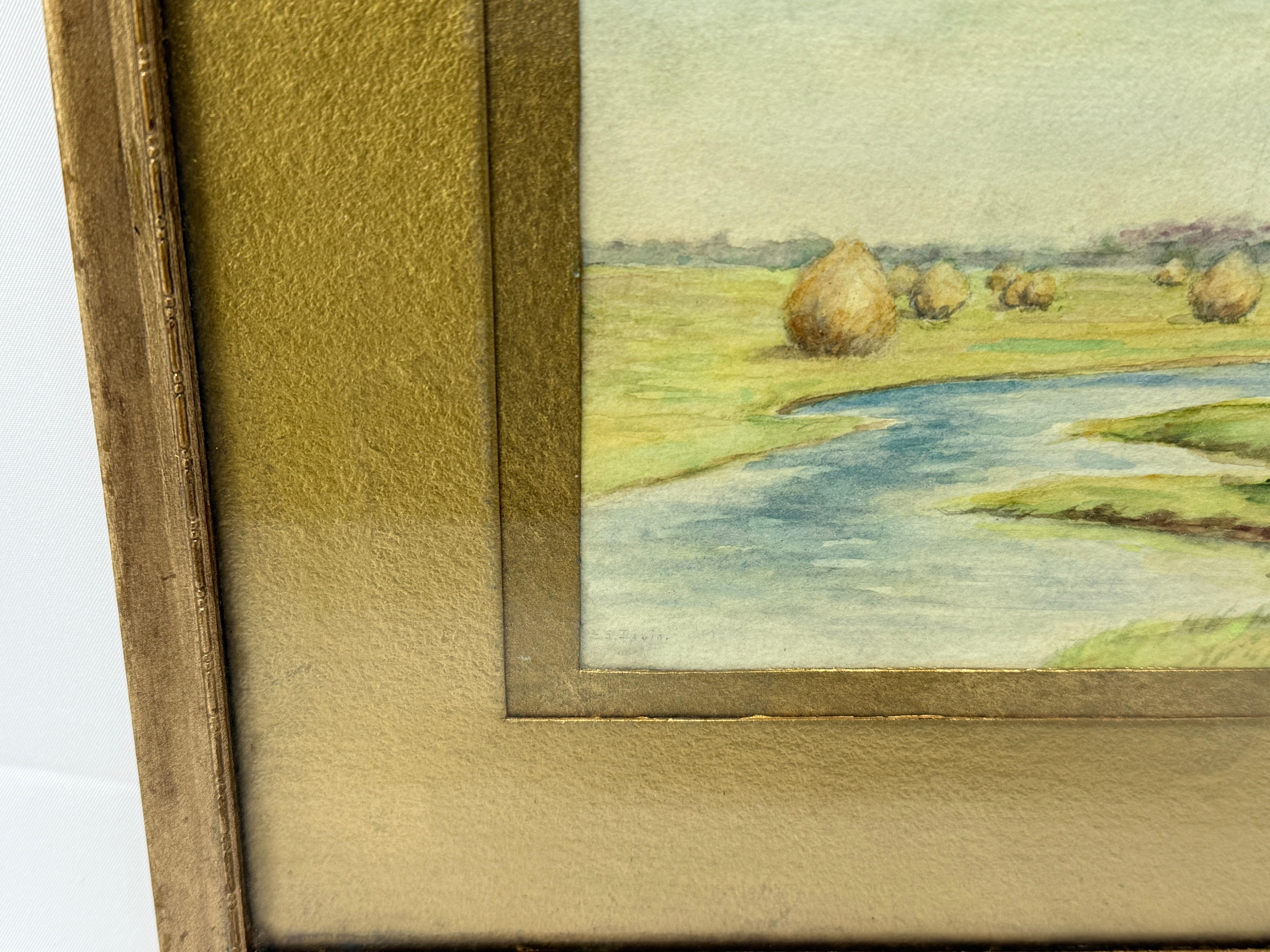 Antique American School Hayfield by the River Watercolor - Signed In Good Condition For Sale In Atlanta, GA