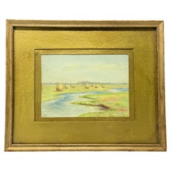 Antique American School Hayfield by the River Watercolor - Signed