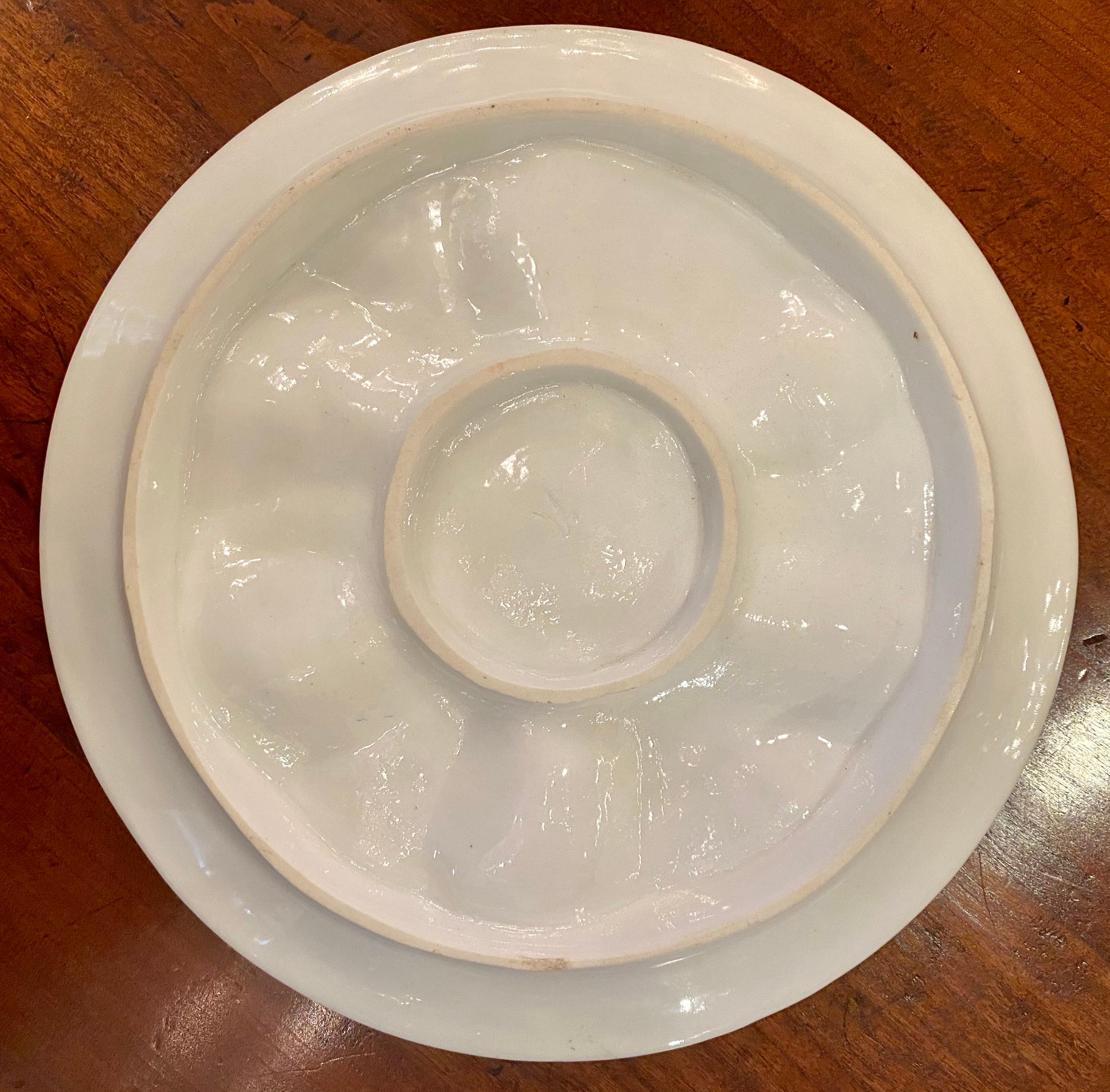 Antique American Hand-Painted Sea-Foam Green Union Porcelain Works Oyster Plate, Circa 1880.  Hand-Painted with crabs, coral accent colors, and seaweed.