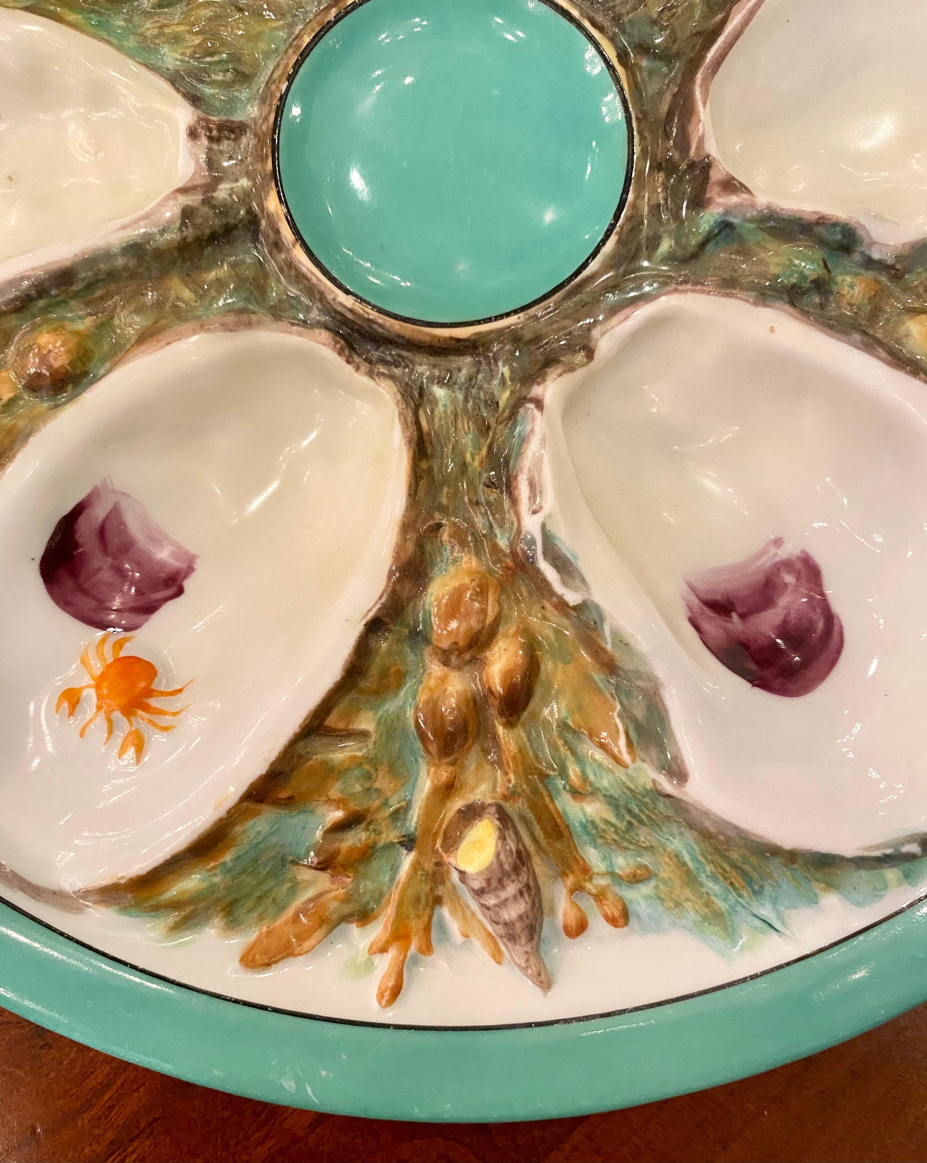 Hand-Painted Antique American Sea-Foam Green Union Porcelain Works Oyster Plate, circa 1880