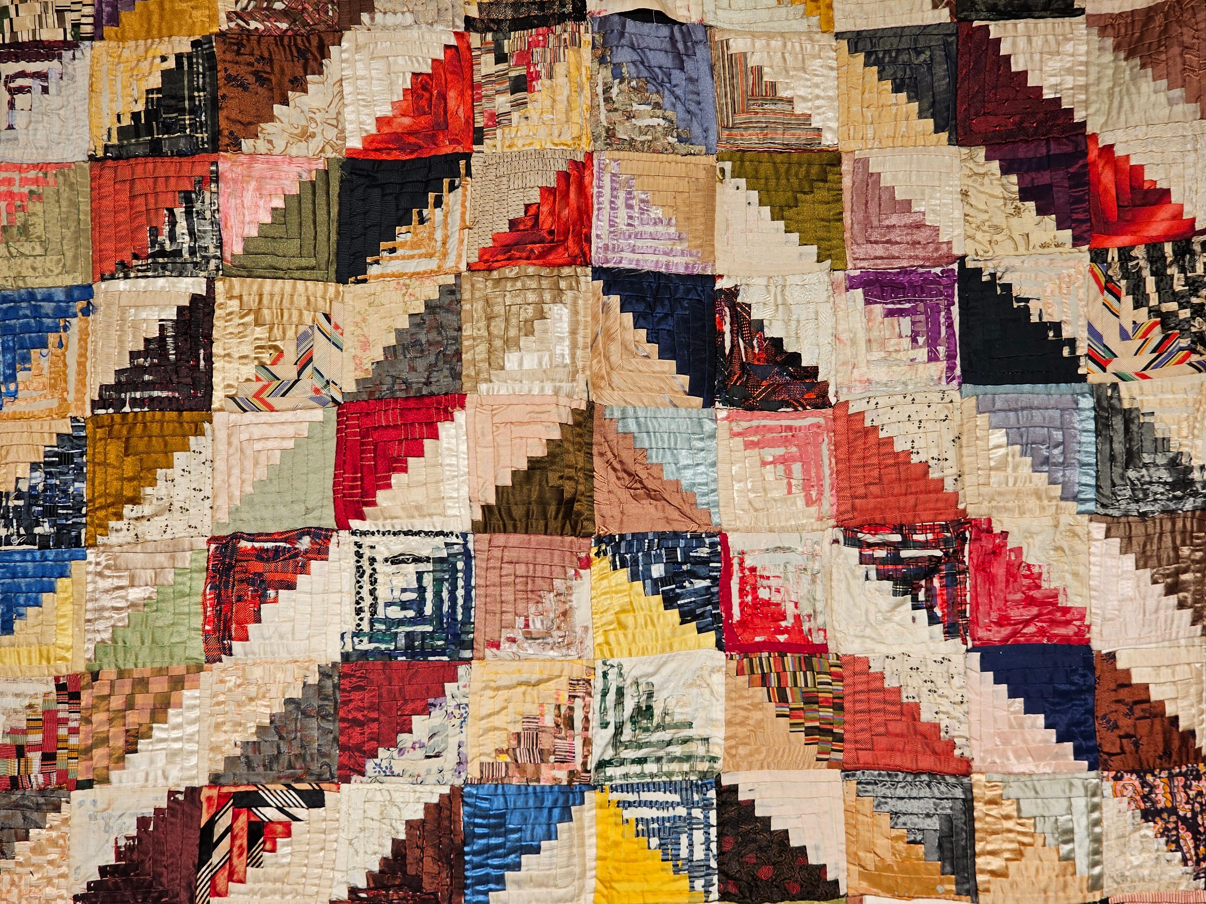 20th Century Hand Stitched American Silk Quilt in “Raising Barn” Pattern Circa the Late 1800s For Sale