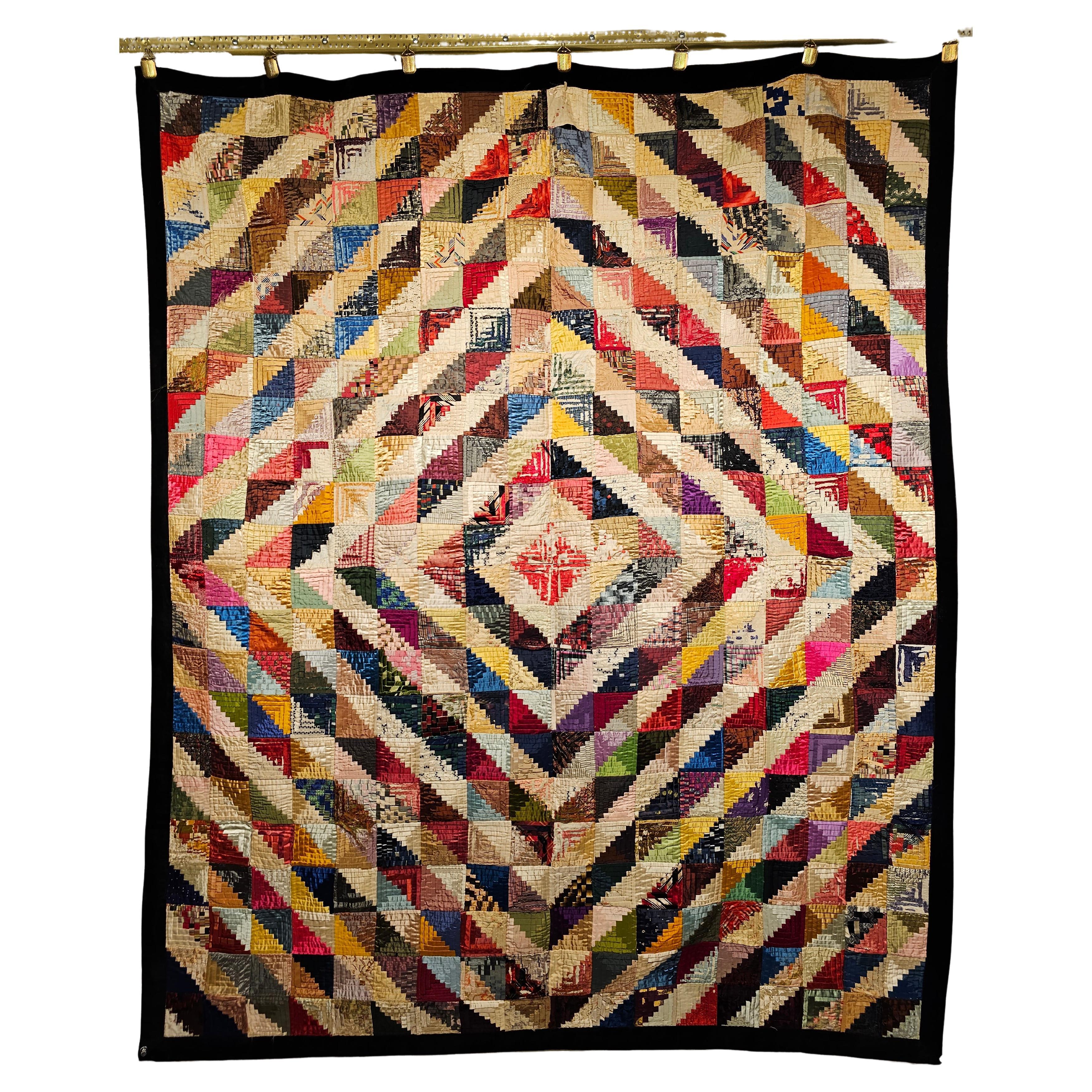 Hand Stitched American Silk Quilt in “Raising Barn” Pattern Circa the Late 1800s For Sale