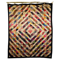 Antique Hand Stitched American Silk Quilt in “Raising Barn” Pattern Circa the Late 1800s