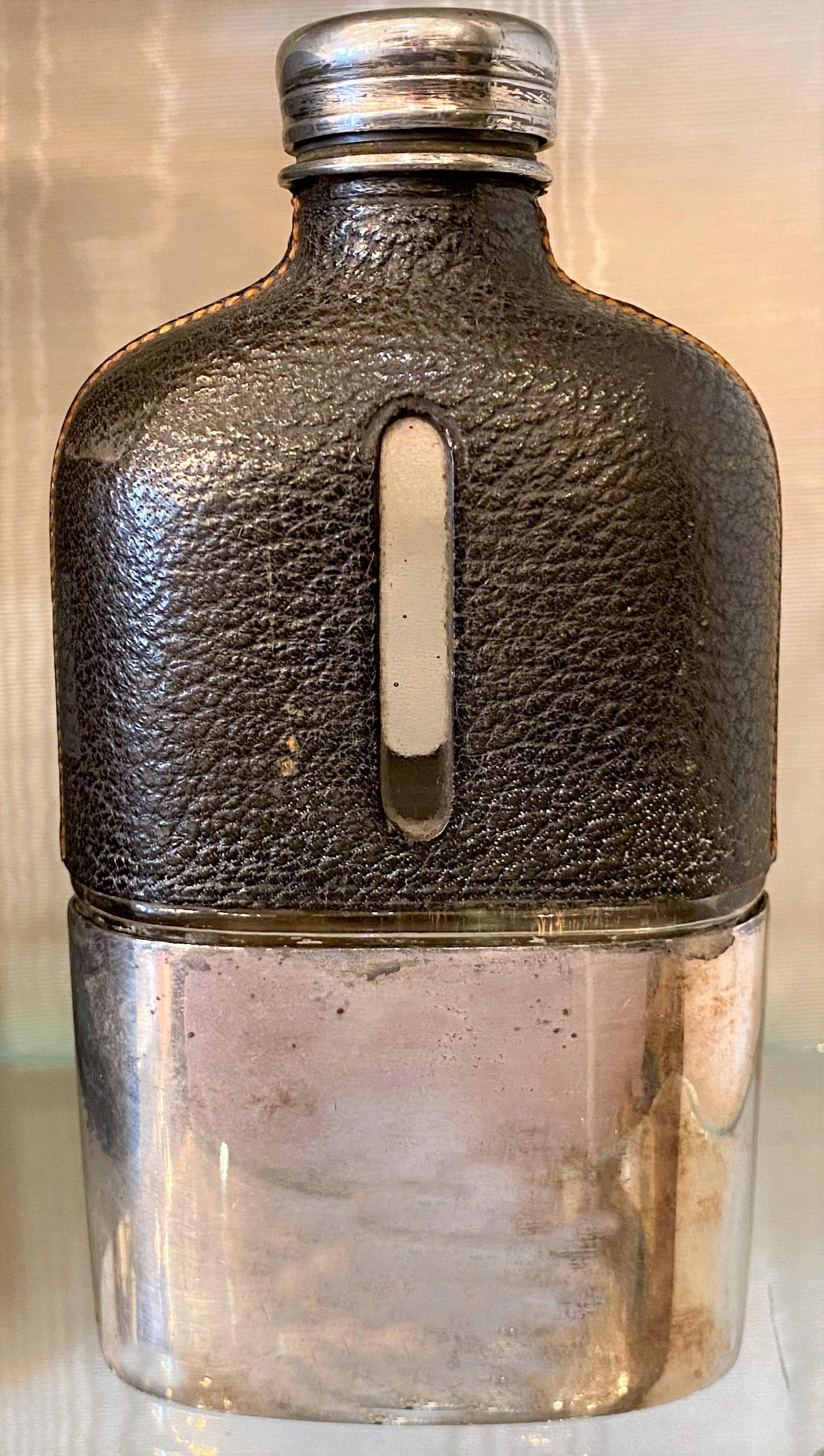 Antique American Silver Plated Leather Flask, Circa 1900 1