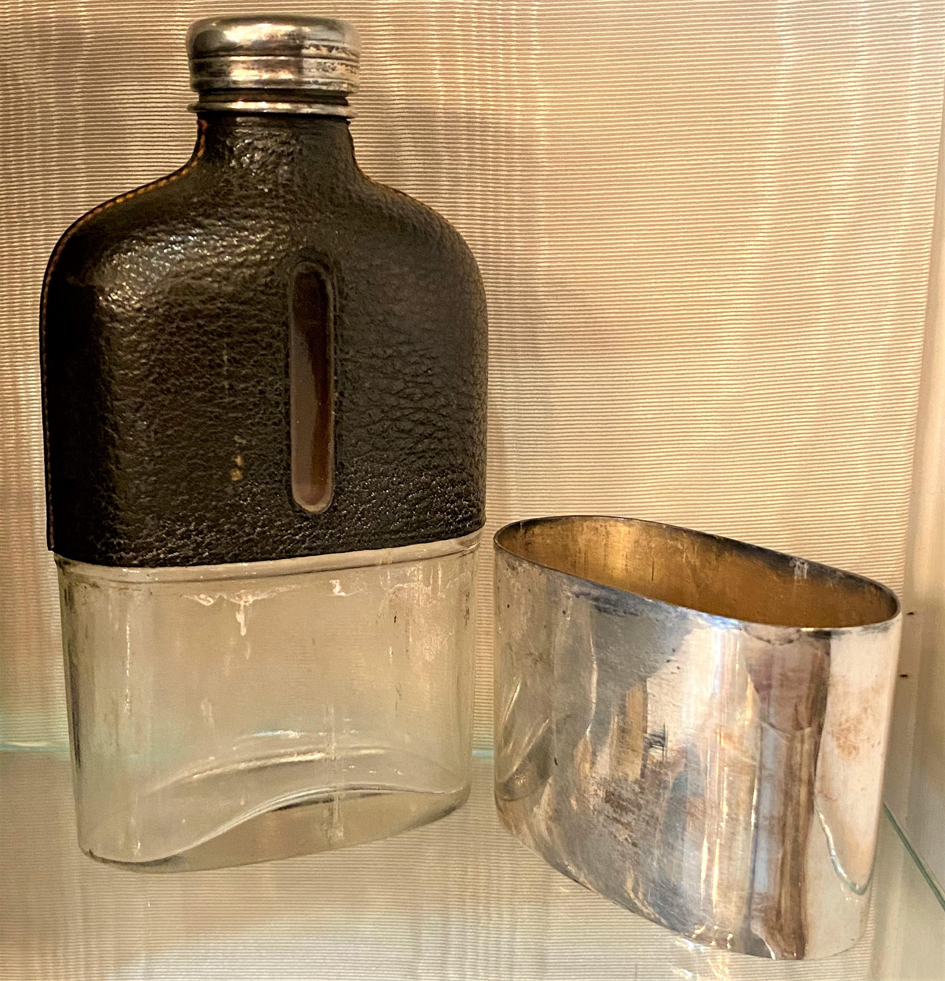 Antique American Silver Plated Leather Flask, Circa 1900 2