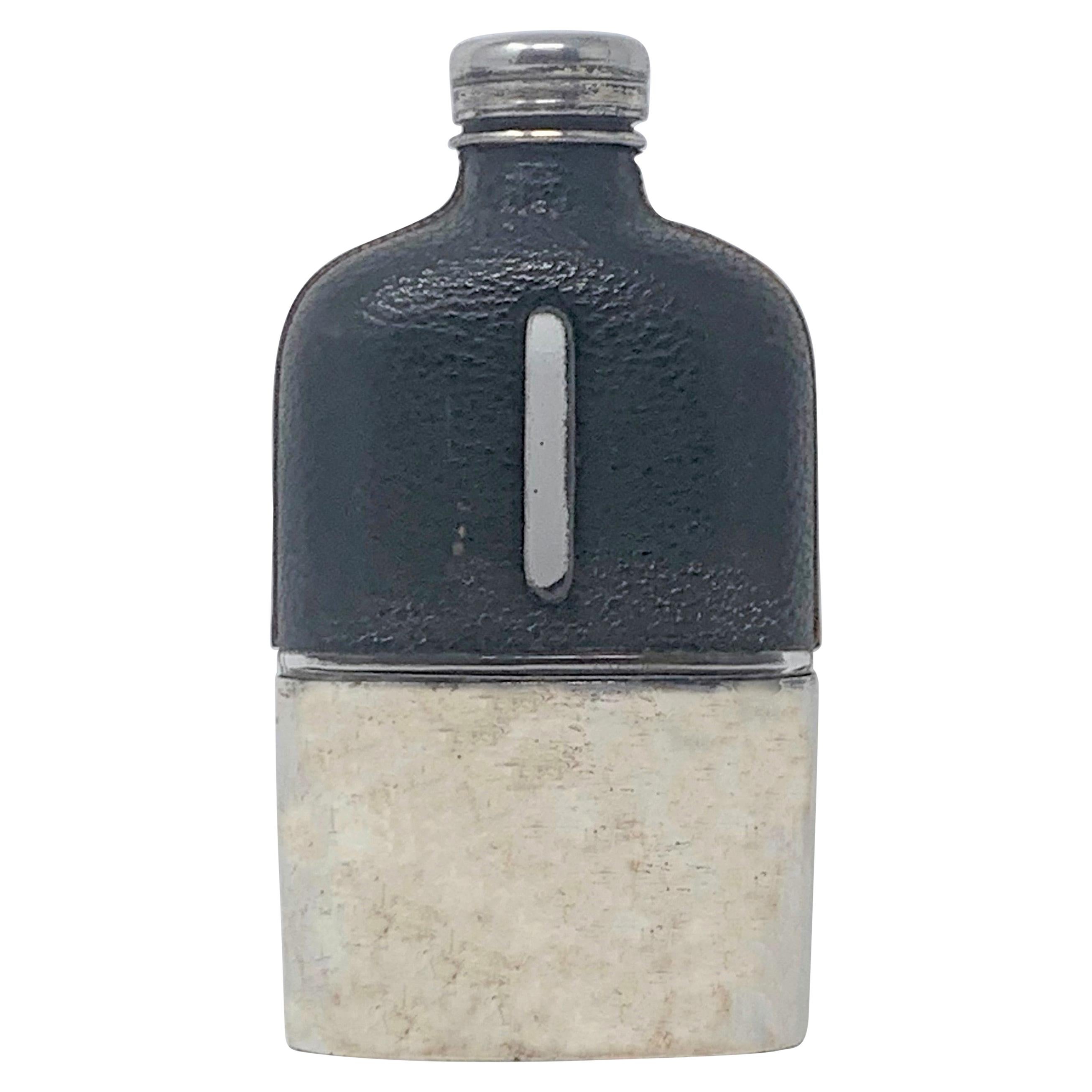 Antique American Silver Plated Leather Flask, Circa 1900
