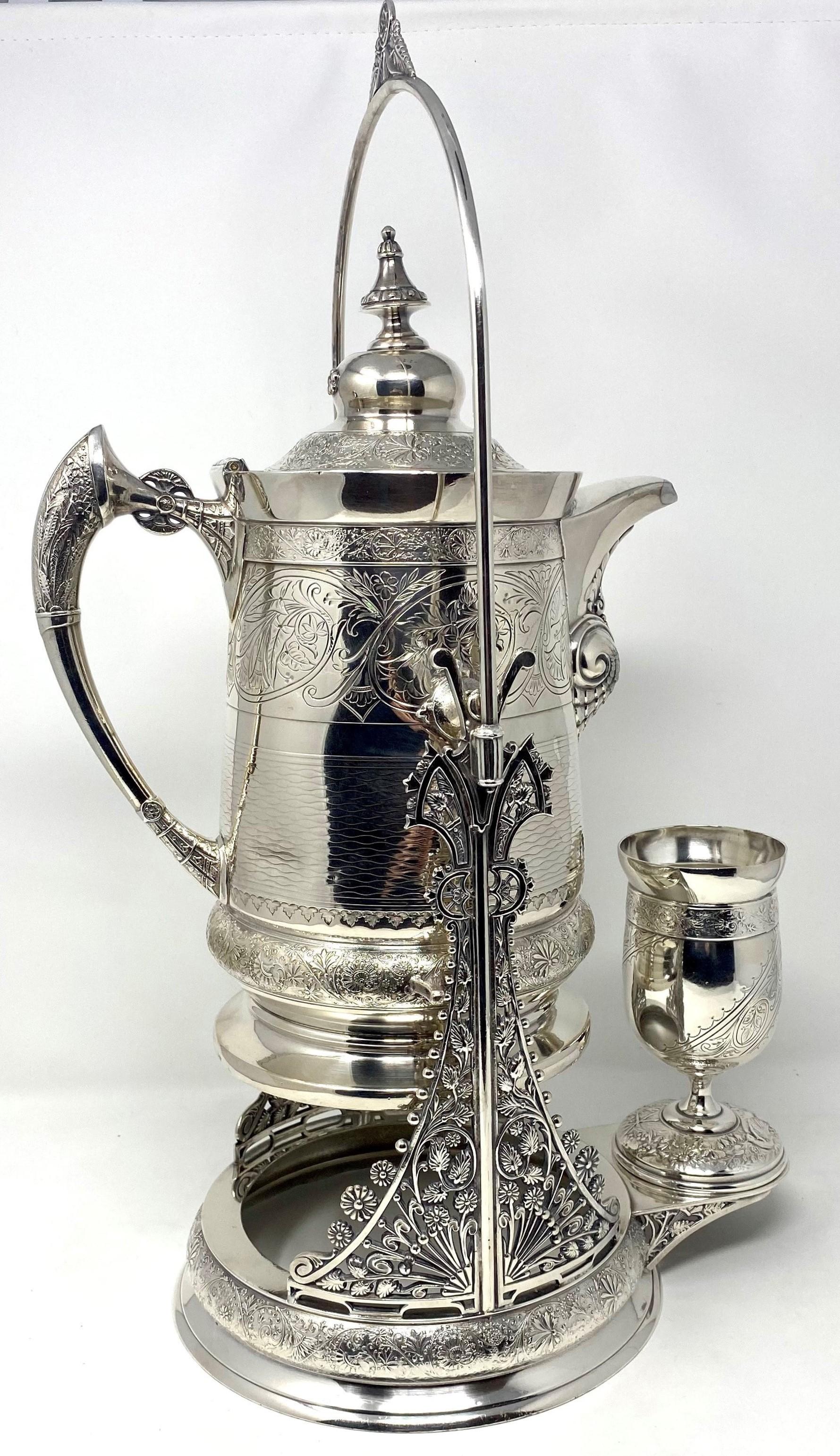 19th Century Antique American Silver-Plated Tilting Pitcher on Stand with Cup, circa 1870s