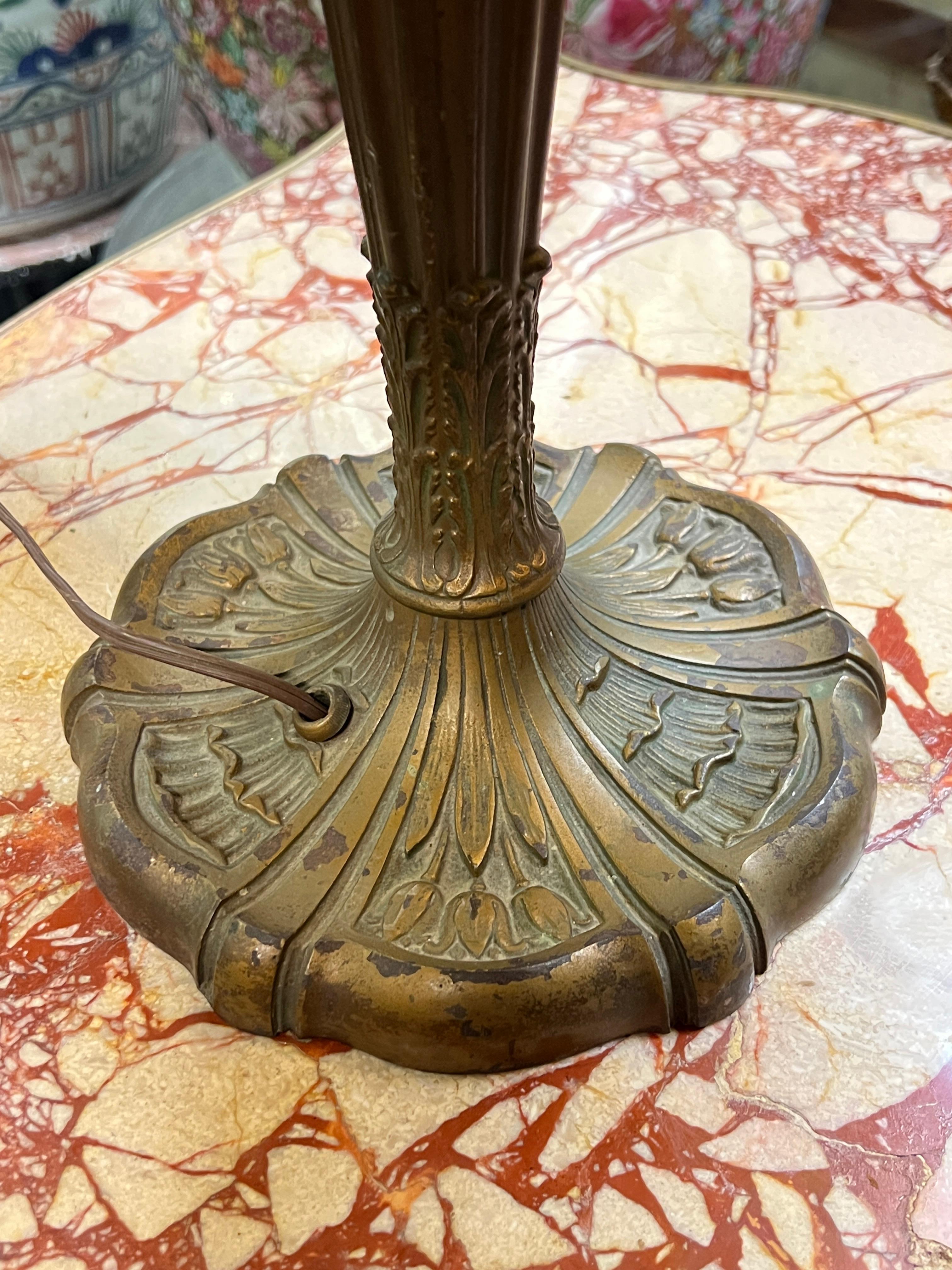 20th Century Antique American Stained Glass and Bronze Tiffany style Table Lamp