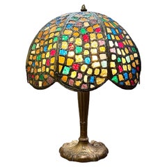 Antique American Stained Glass and Bronze Tiffany style Table Lamp