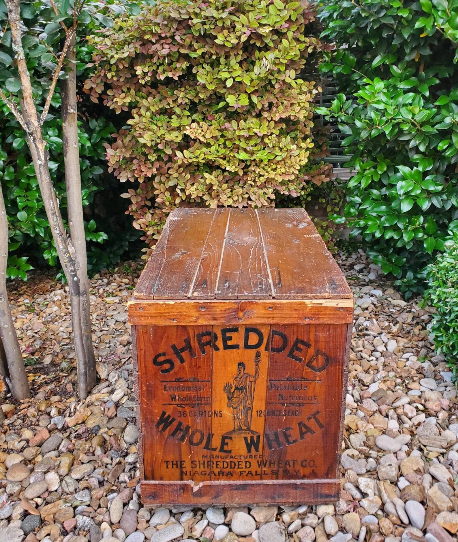 An exceptional piece of industrial Americana folk art from the early 20th century, the Shredded whole wheat wooden box crate with lid, stamped with advertisement, having rich antique wood tone and warm rustic patina. Good craftsmanship. Circa