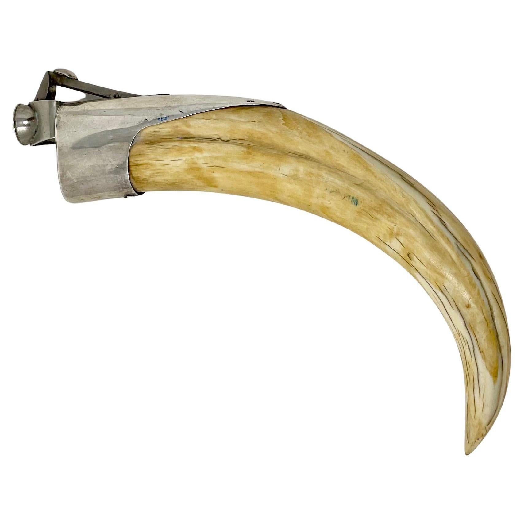 Antique American sterling silver and warthog tusk cigar cutter, circa 1920-1930.