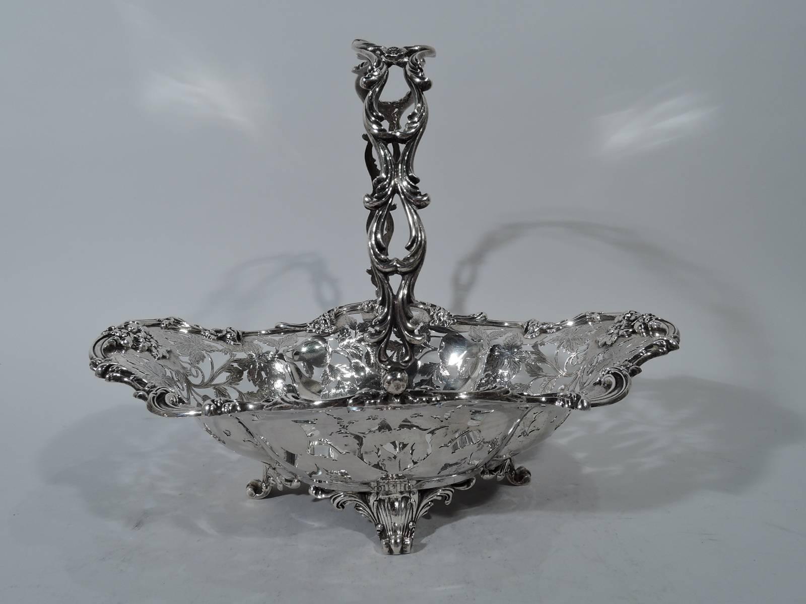 Victorian Antique American Sterling Silver Basket with Fruits and Flowers