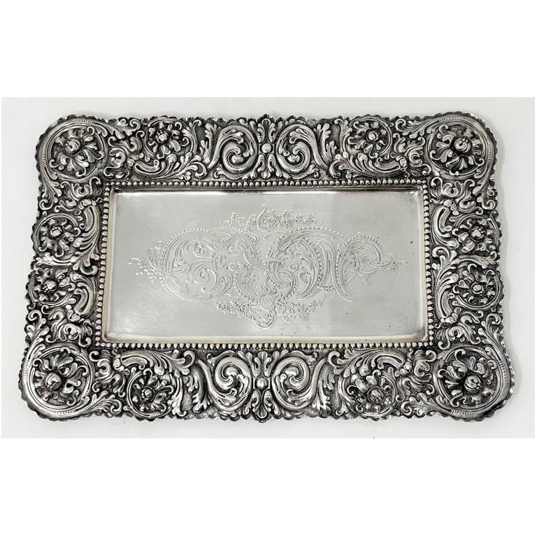 Antique American sterling silver repousse design card tray, signed 