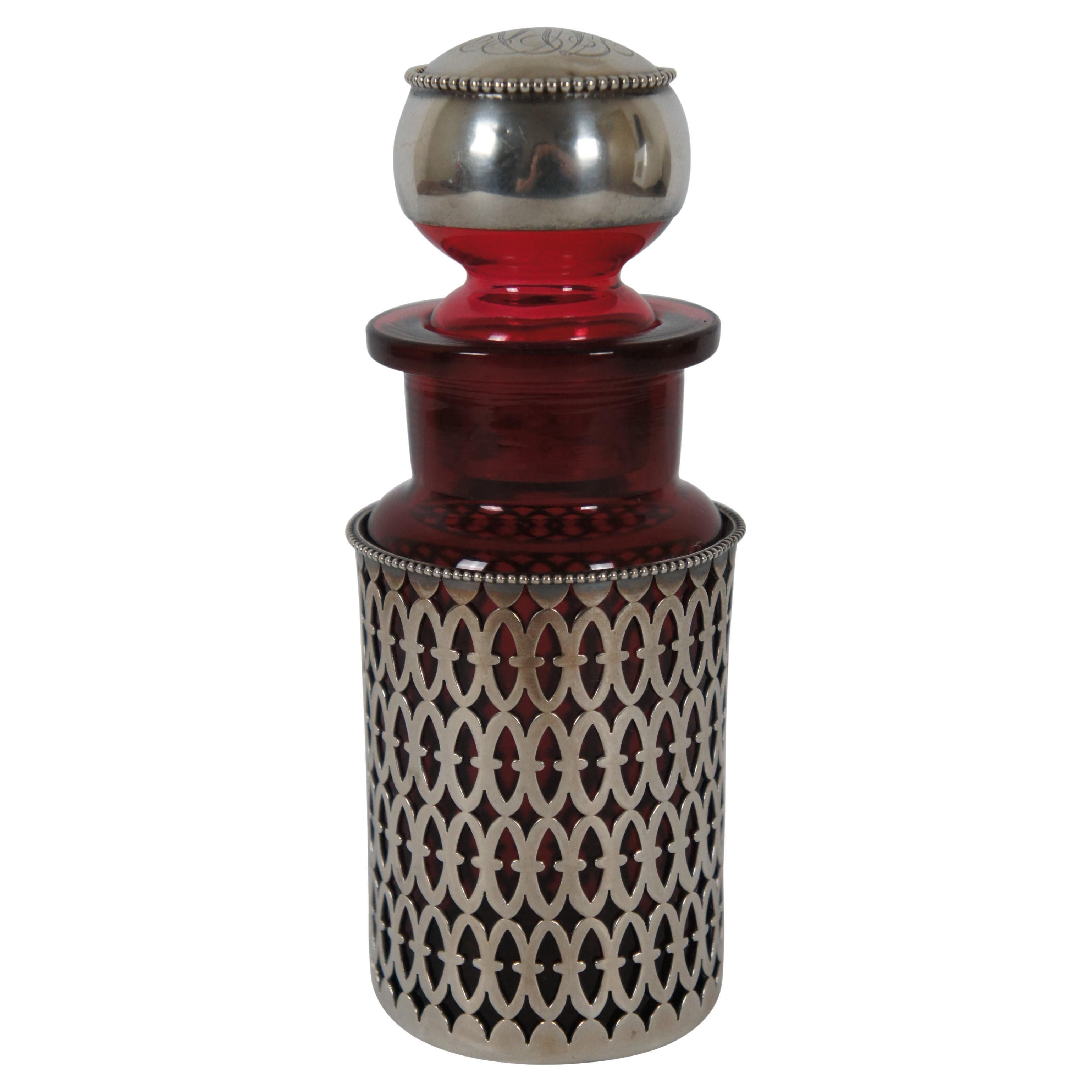 Antike amerikanische Sterling Silber & Cranberry Glas 114 Parfüm Eitelkeit Flasche 58g im Angebot