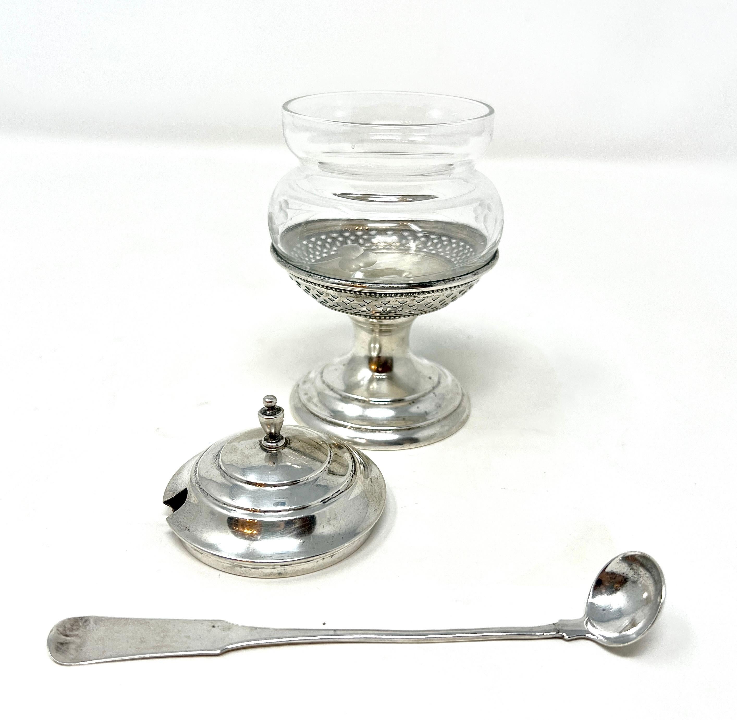 Antique American Sterling Silver & Crystal Mustard Pot with Spoon, Circa 1890-1900.
