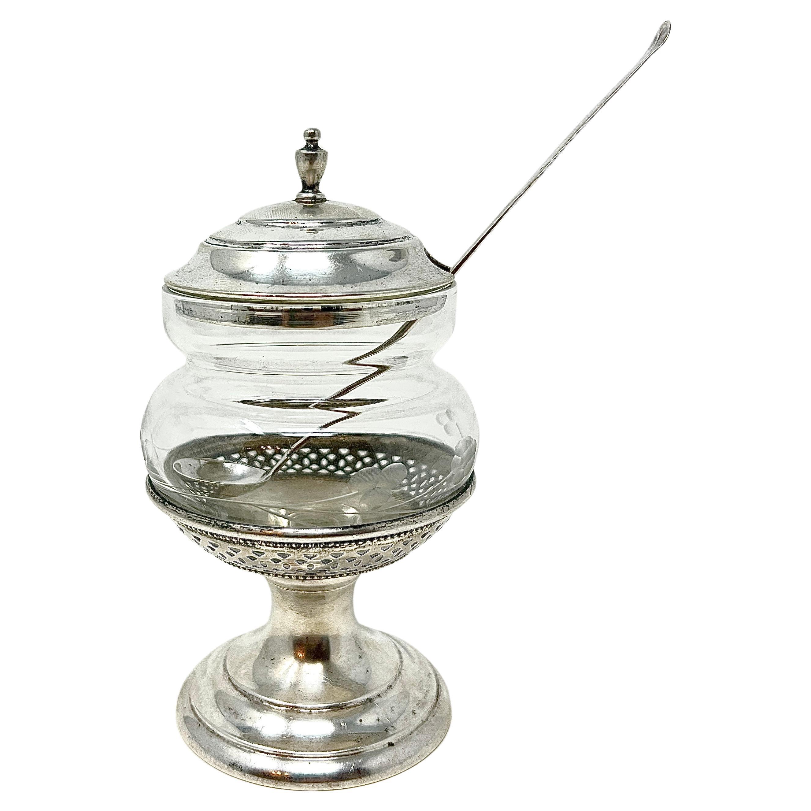 Antique American Sterling Silver & Crystal Mustard Pot w/ Spoon, Circa 1890-1900