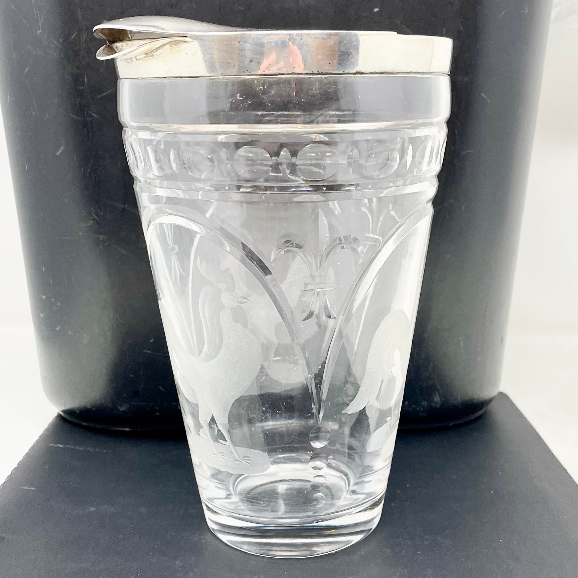 Antiguo Art Decó americano de plata de ley y cristal tallado 