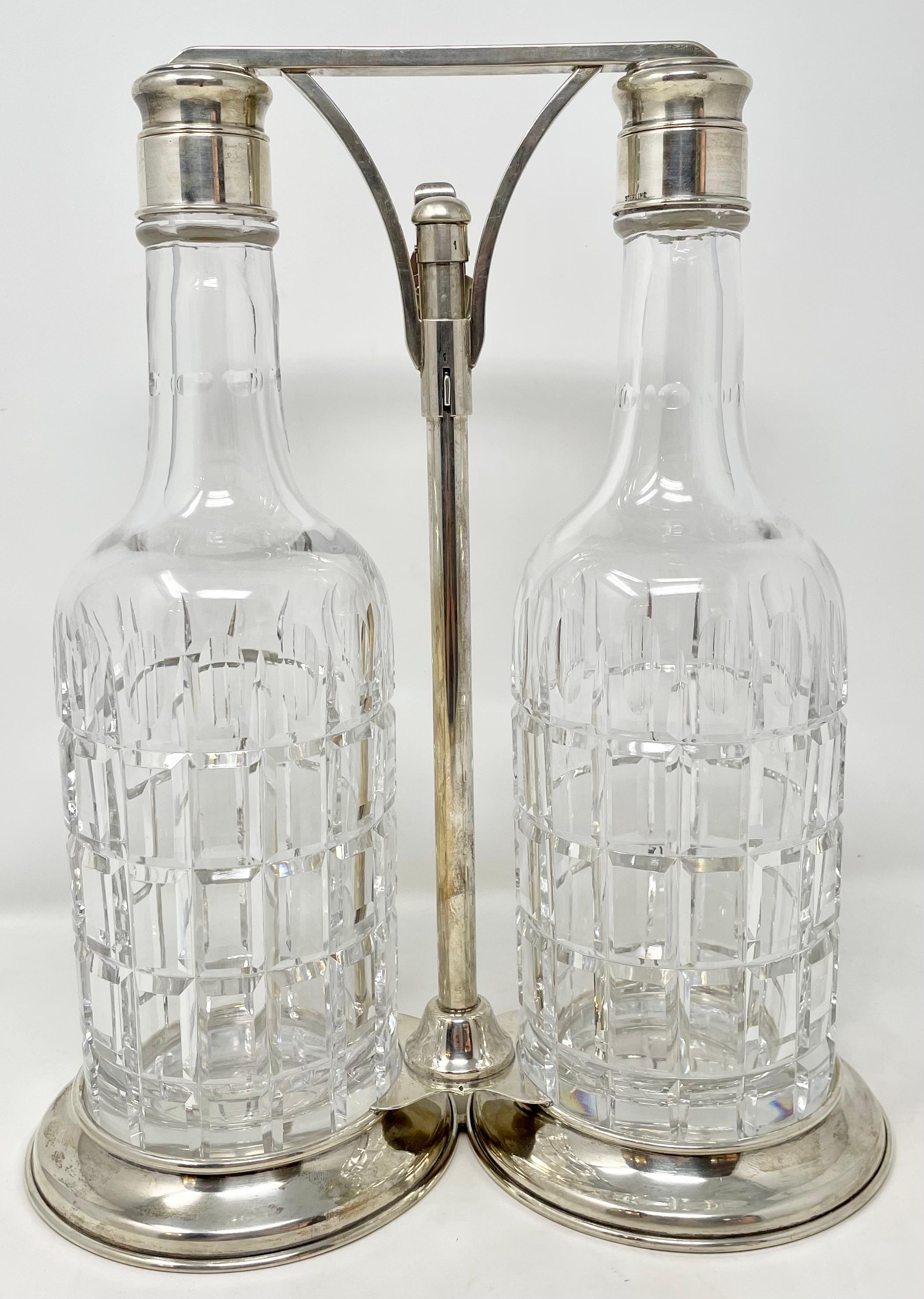 Antique American Sterling Silver & Cut Crystal 2-Bottle 