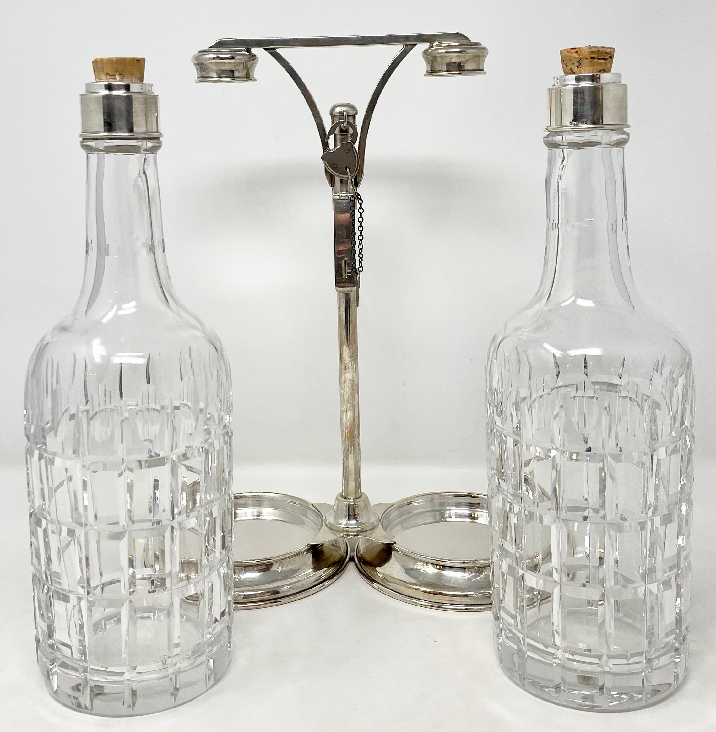 20th Century Antique American Sterling Silver & Cut Crystal 2-Bottle 