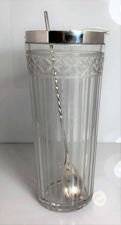 American Sterling Silver Cut Crystal Cocktail Pitcher, Four Glasses & Spoon