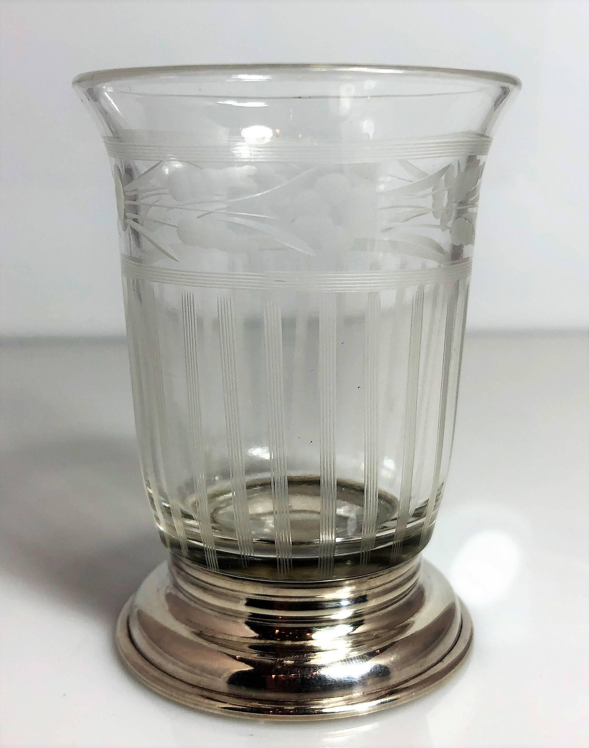 American Sterling Silver Cut Crystal Cocktail Pitcher, Four Glasses & Spoon In Good Condition In New Orleans, LA