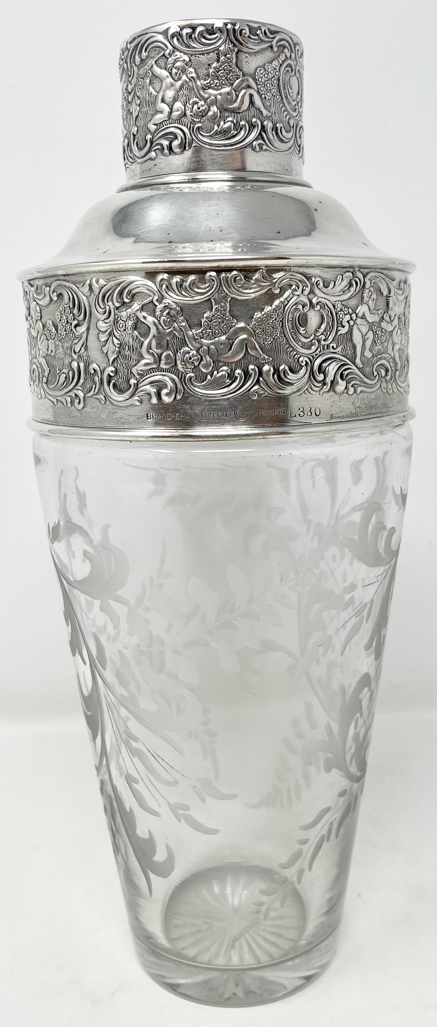Art Deco Antique American Sterling Silver & Cut Crystal Cocktail Shaker, Circa 1920's