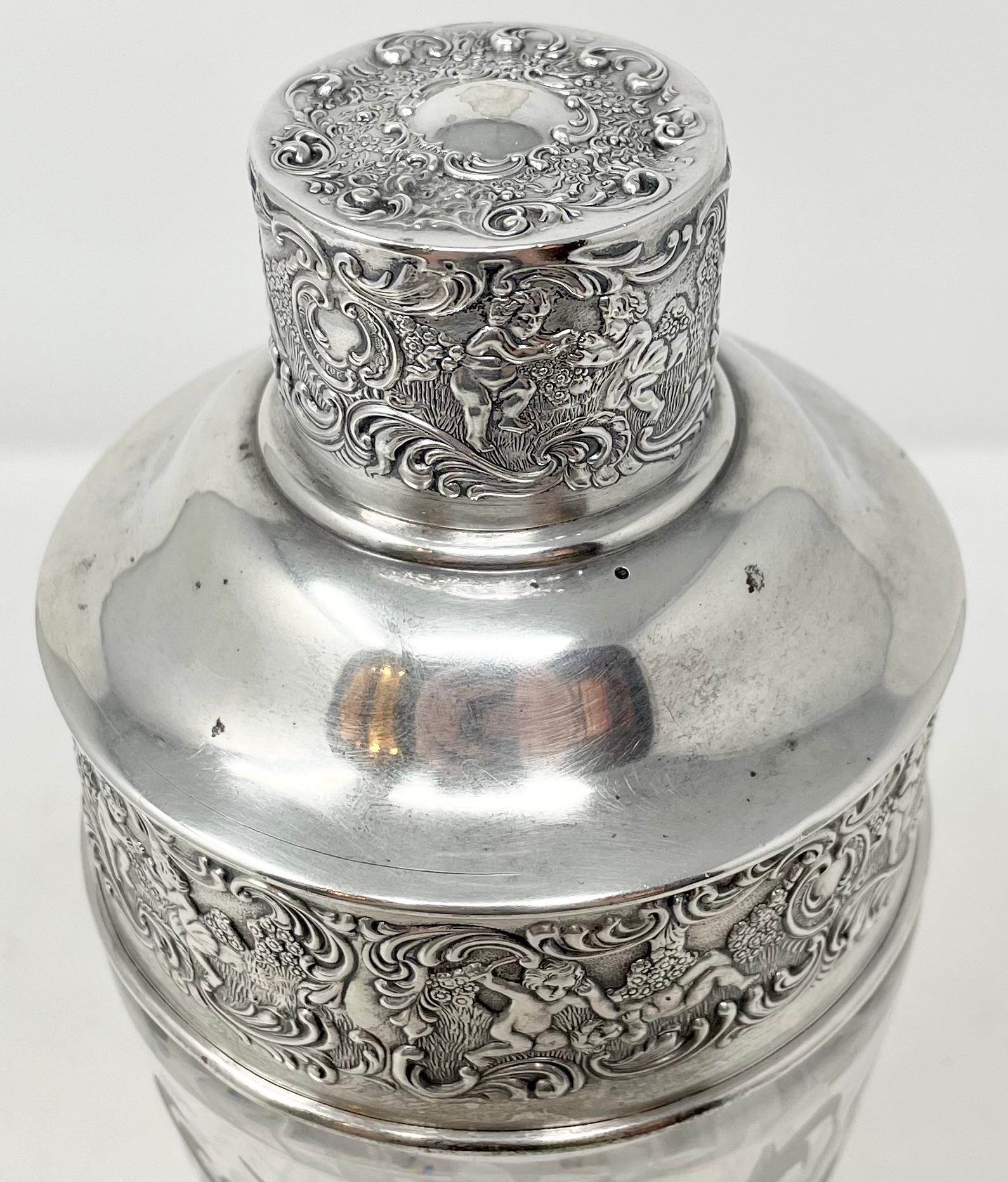 Antique American Sterling Silver & Cut Crystal Cocktail Shaker, Circa 1920's In Good Condition In New Orleans, LA