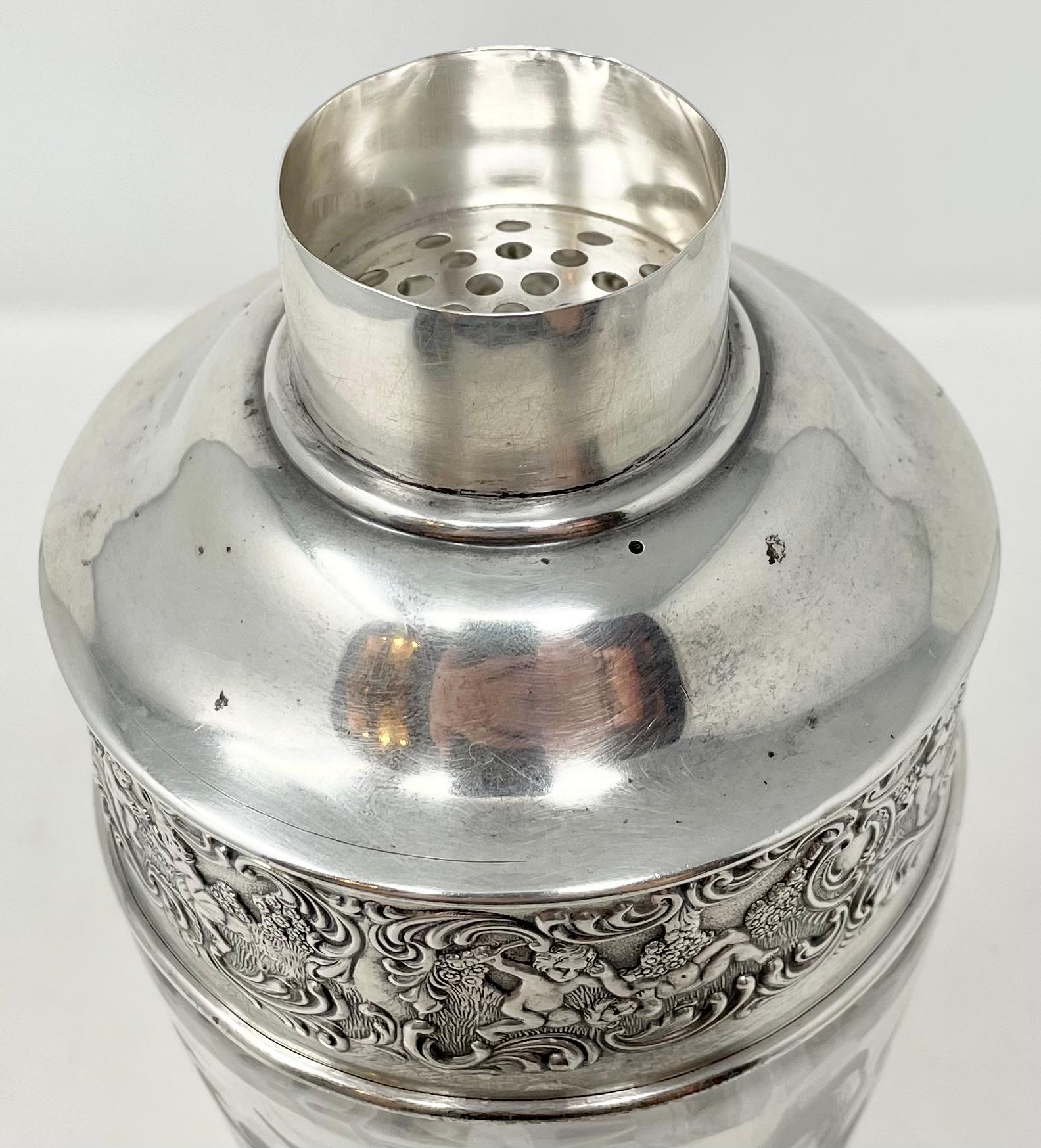 20th Century Antique American Sterling Silver & Cut Crystal Cocktail Shaker, Circa 1920's