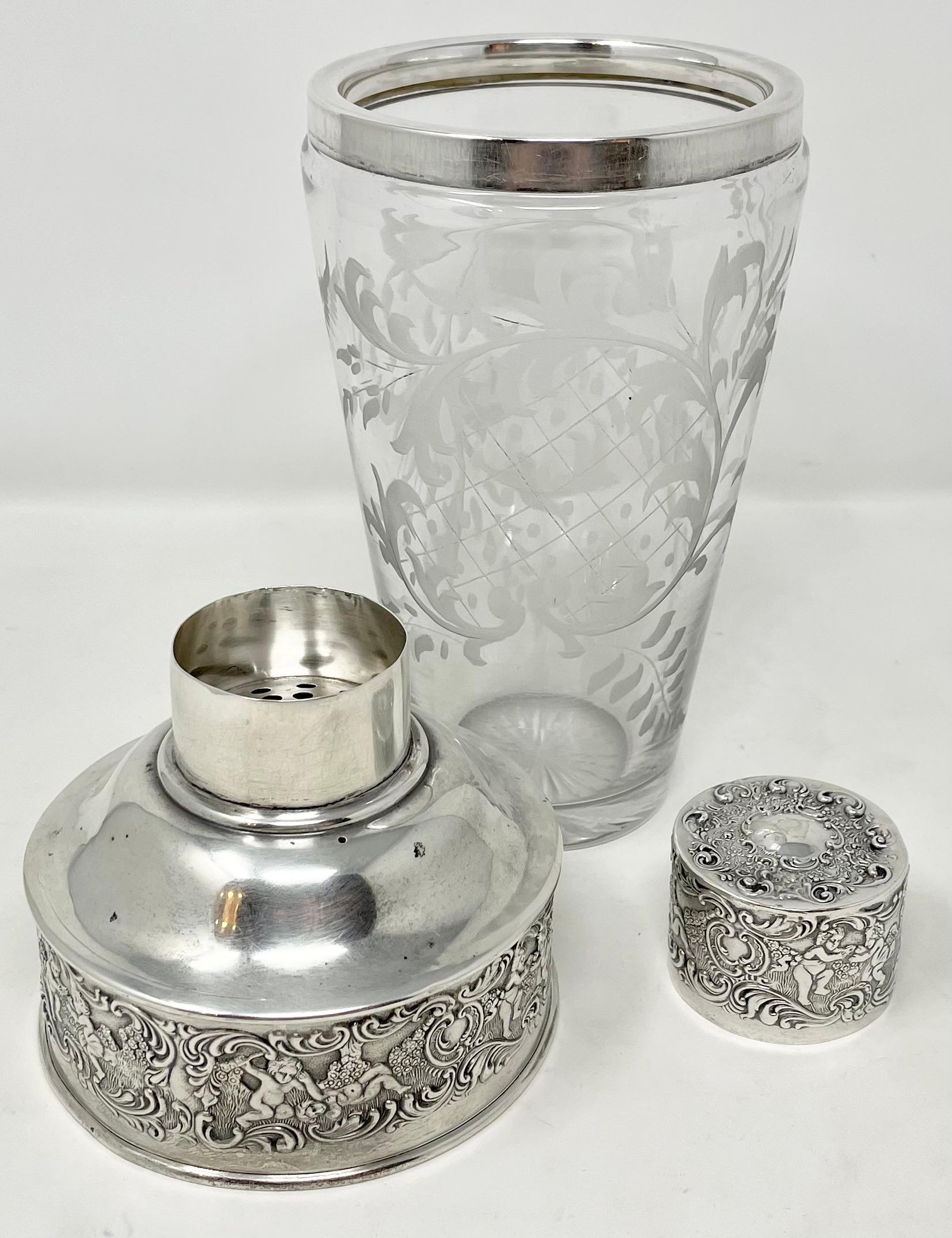 Antique American Sterling Silver & Cut Crystal Cocktail Shaker, Circa 1920's 1