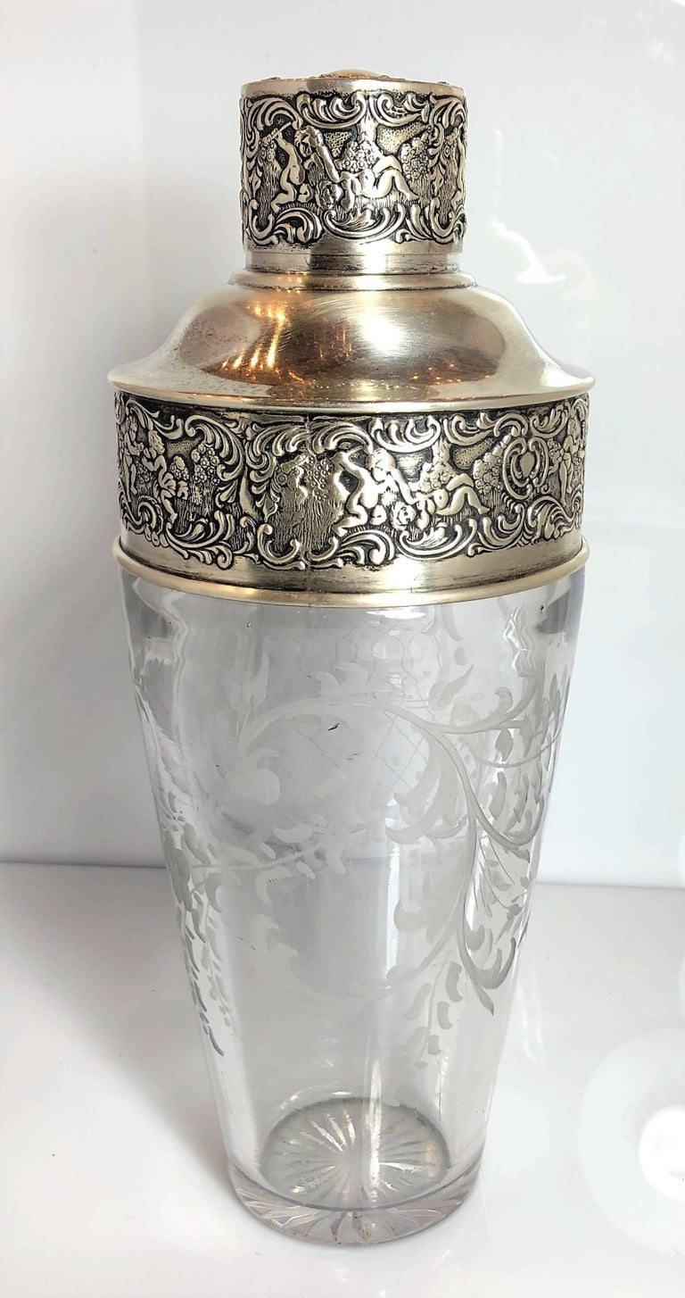 Antique American Sterling Silver Cut Crystal Cocktail Shaker Signed