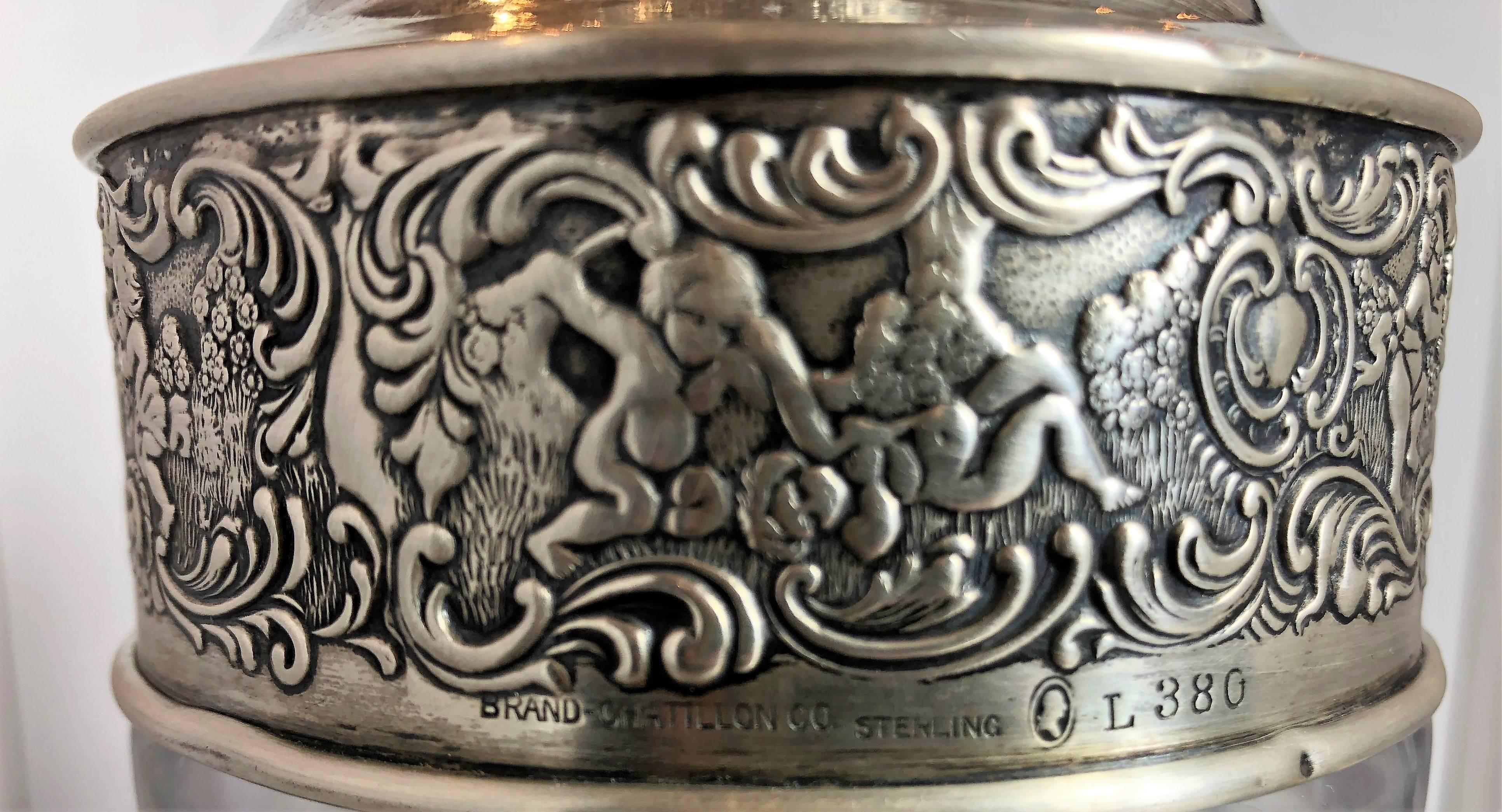 Antique American Sterling Silver Cut Crystal Cocktail Shaker Signed Chatillon In Excellent Condition In New Orleans, LA