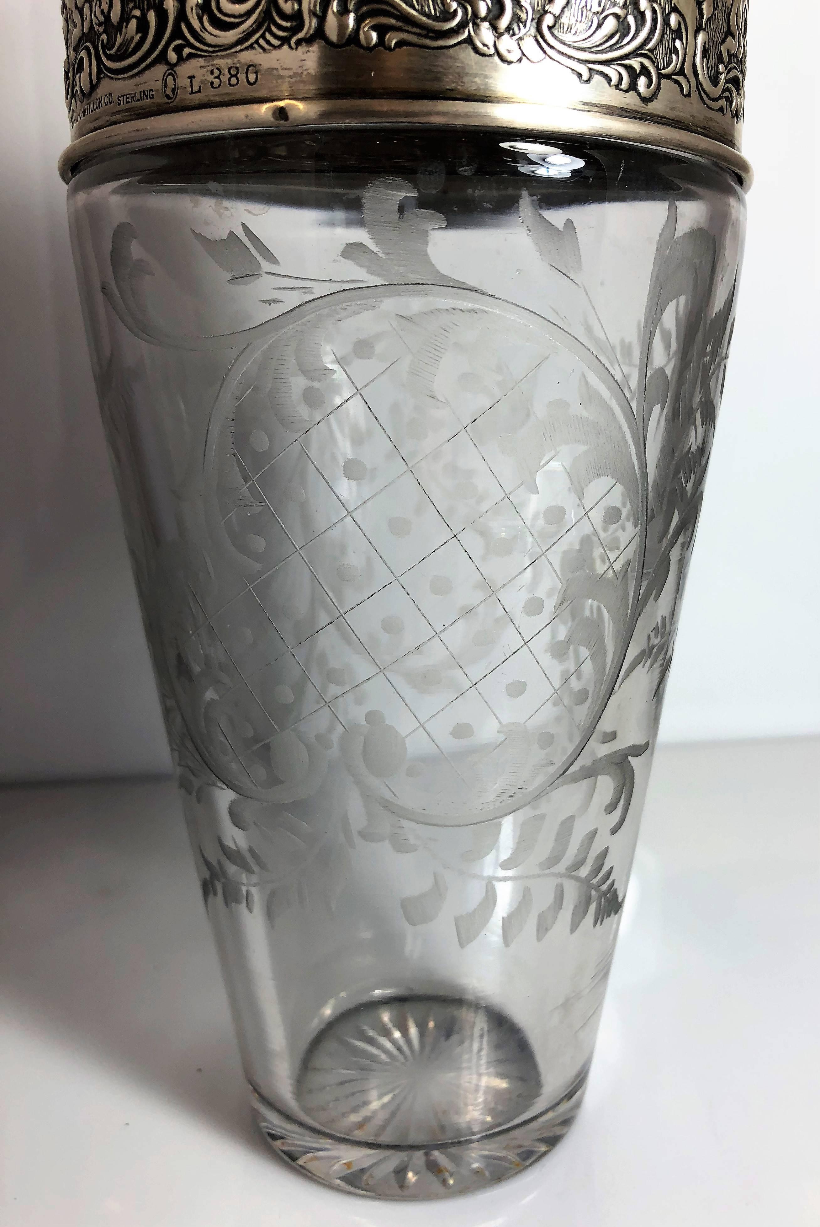 20th Century Antique American Sterling Silver Cut Crystal Cocktail Shaker Signed Chatillon