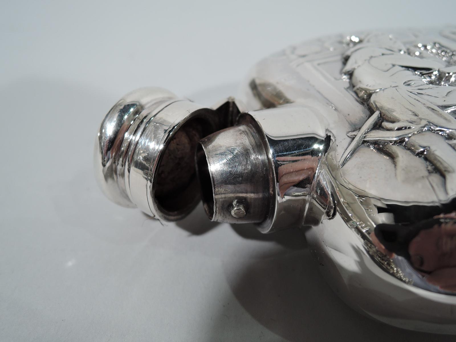 Edwardian Antique American Sterling Silver Flask with Ye Olden-Days Topers