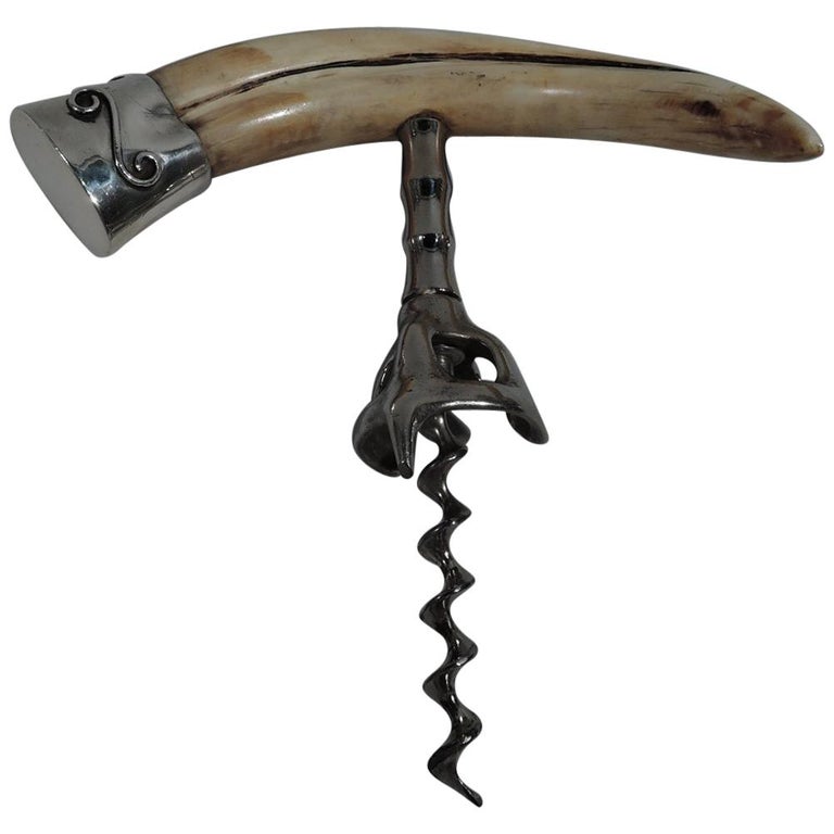 Antique American Sterling Silver and Horn Corkscrew with Carved
