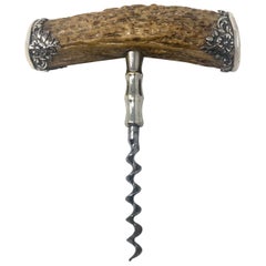 Antique American Sterling Silver Mounted Antler Corkscrew, circa 1890s